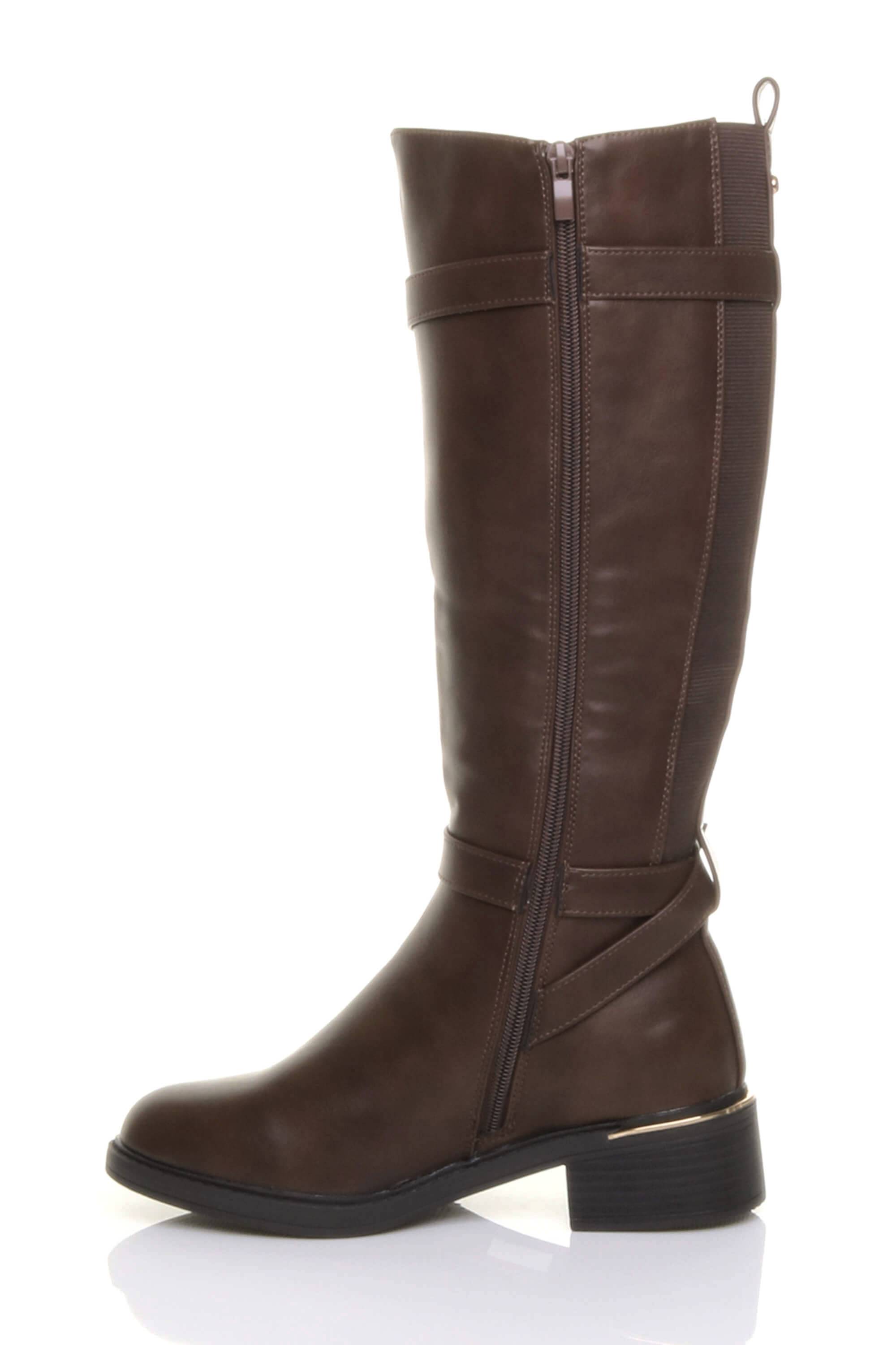 Brown AJVANI Brown Stretchy Elastic Zip Calf Biker Knee Boots, Image 3 of 5