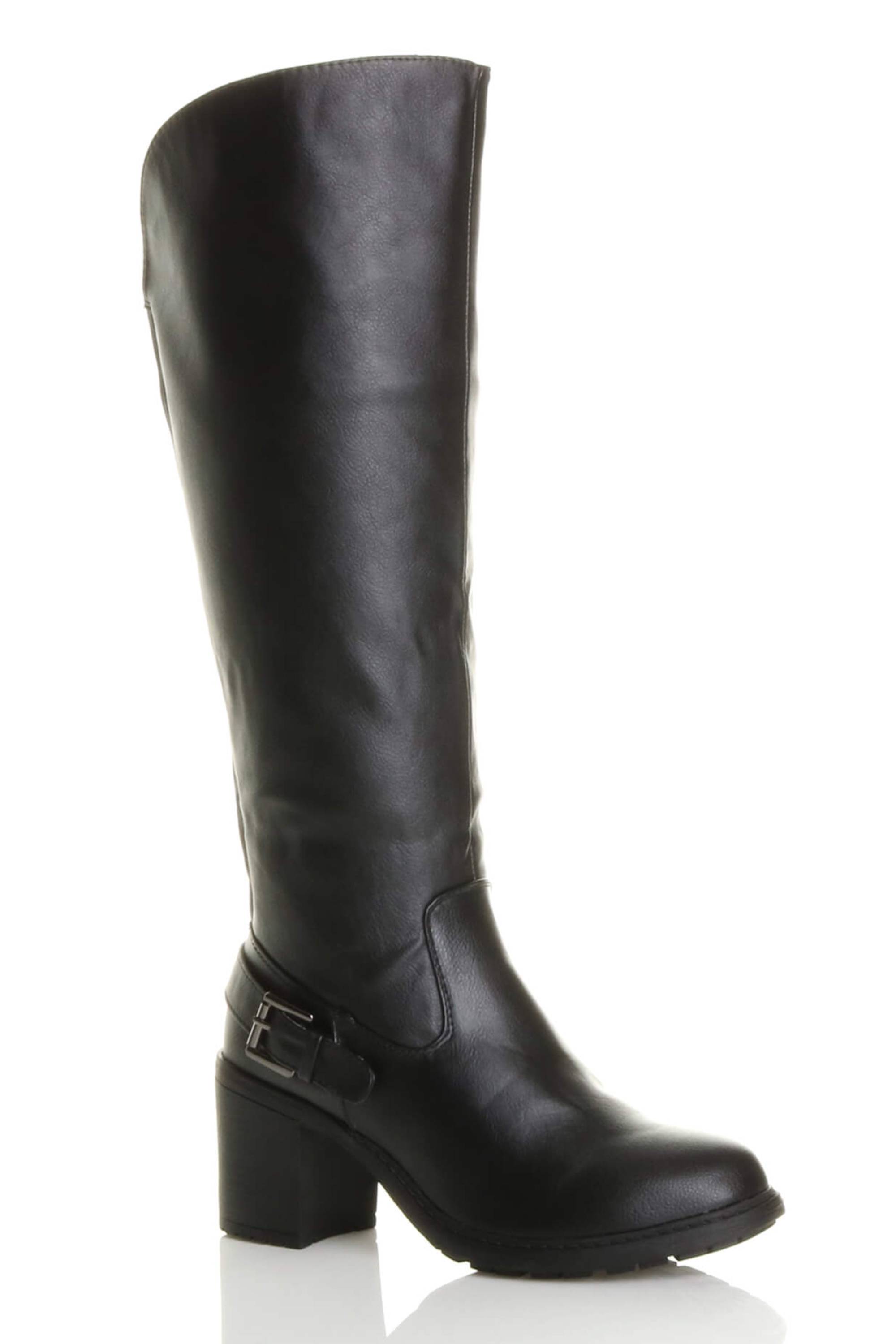Black High Block Heel Chunky Biker Knee High Boots, Image 1 of 6