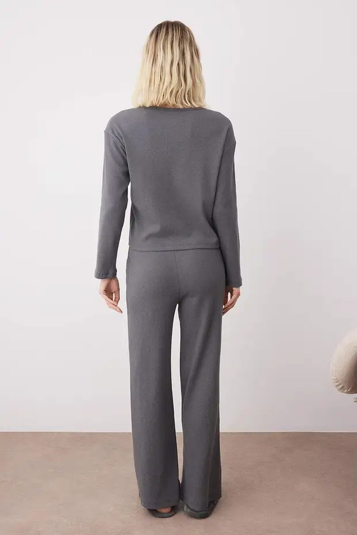 Grey WOVCOR Grey Soft Touch Long Sleeve Pyjama Top and Wide Leg Trouser Set, Image 3 of 3