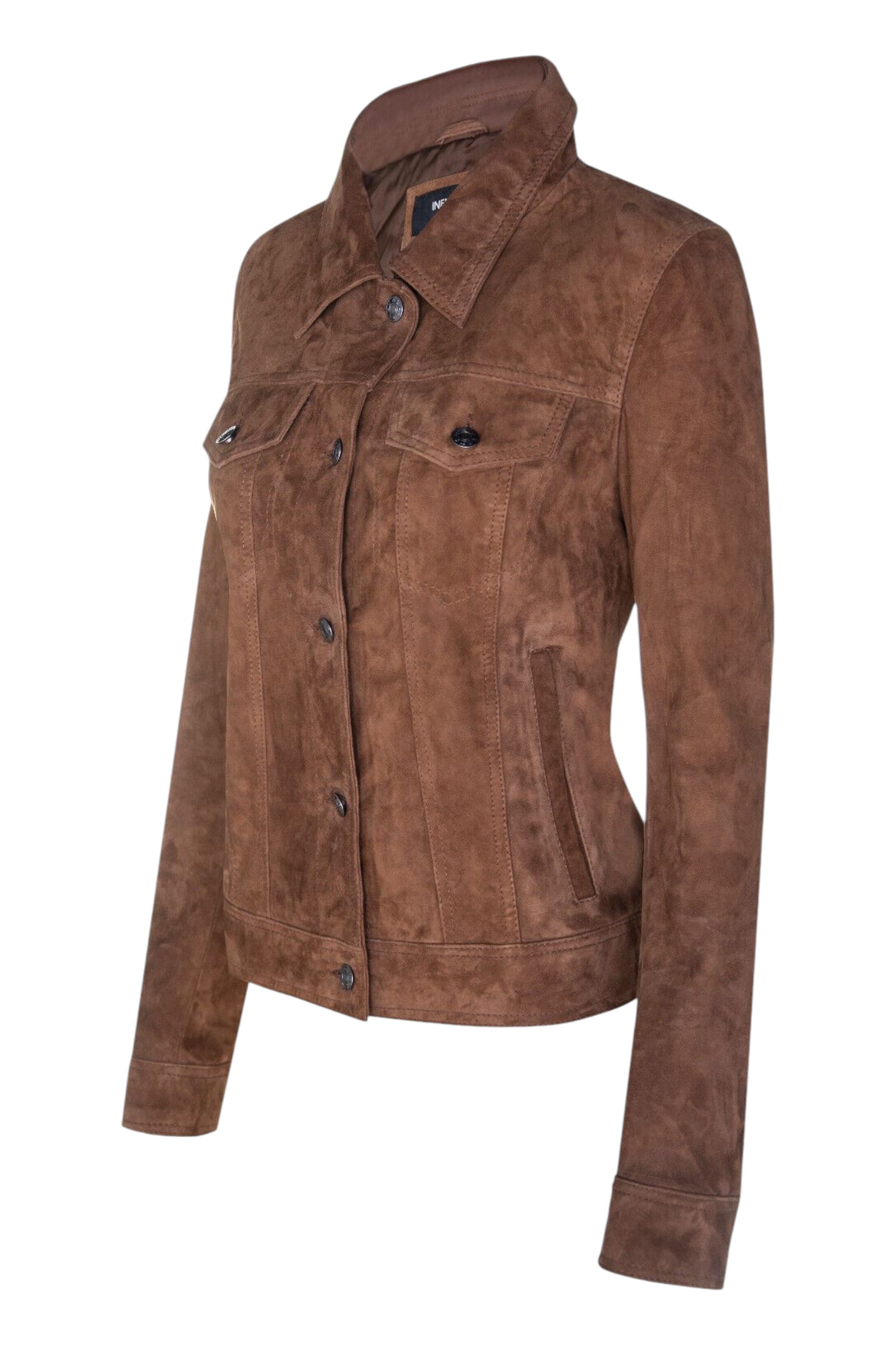 Tan Womens Goat Suede Trucker Jacket-Astoria, Image 2 of 3