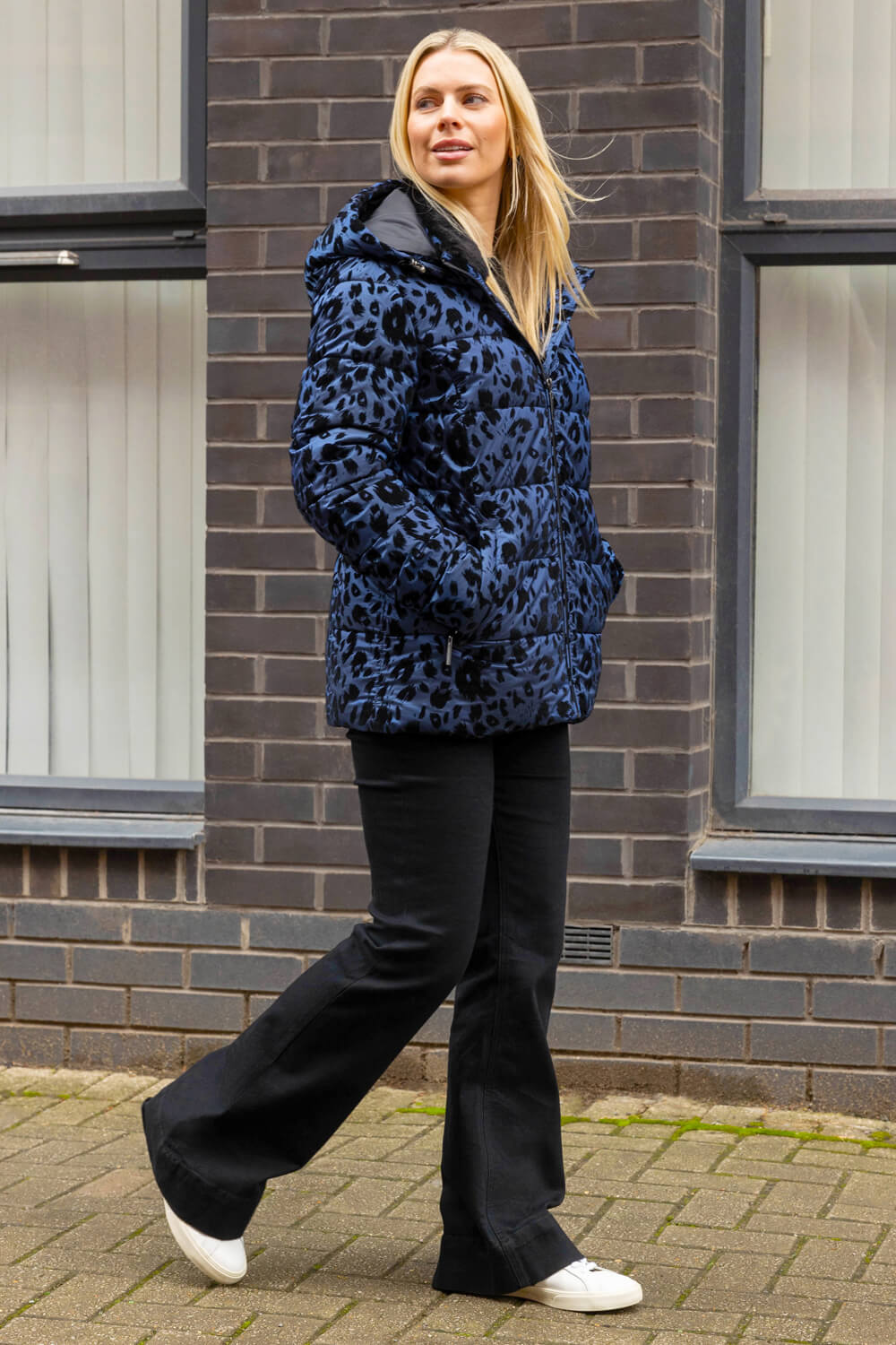 Blue Animal Print Flocked Hooded Coat, Image 5 of 4