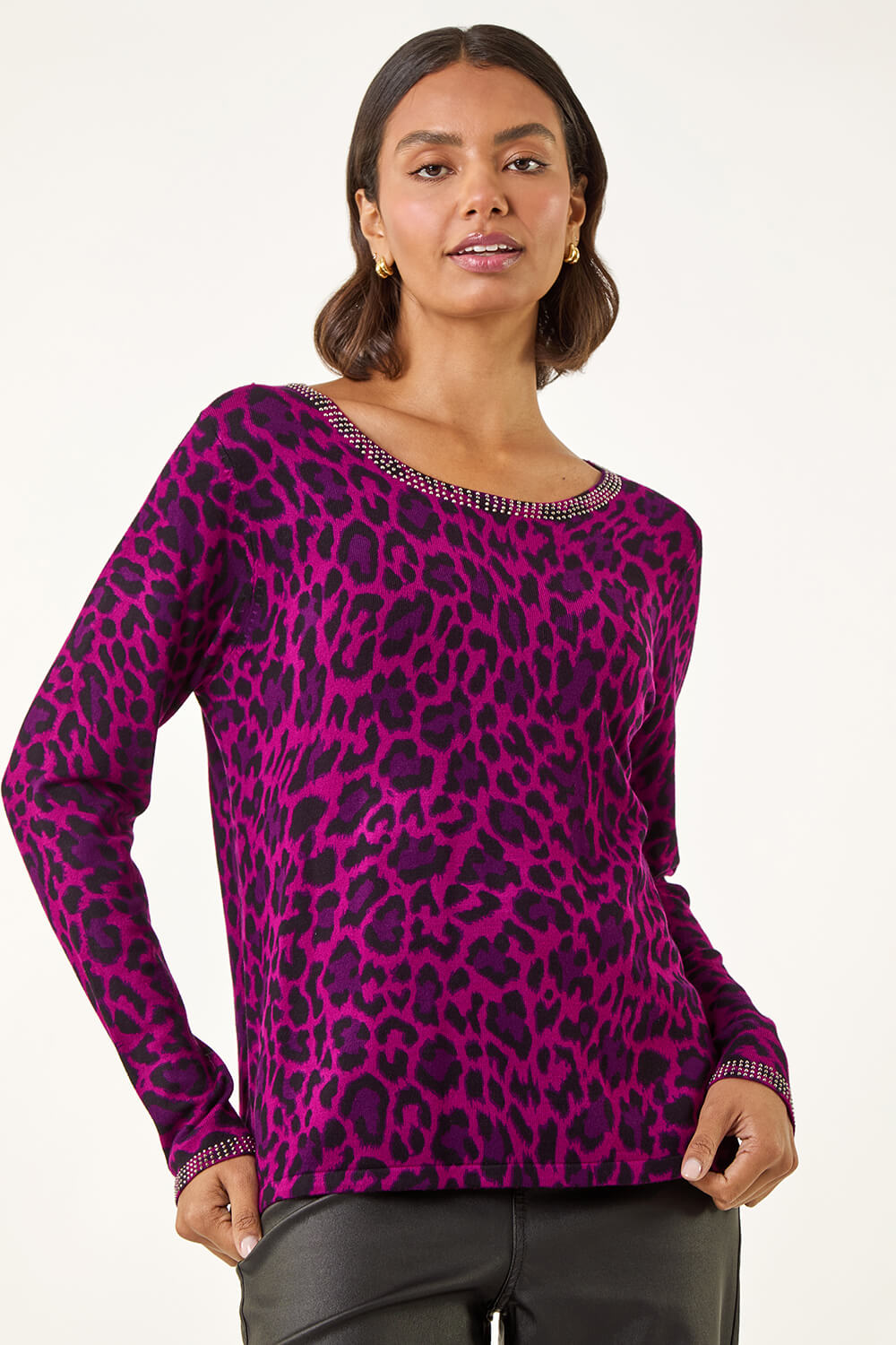 Magenta Animal Print Embellished Trim Jumper, Image 3 of 4