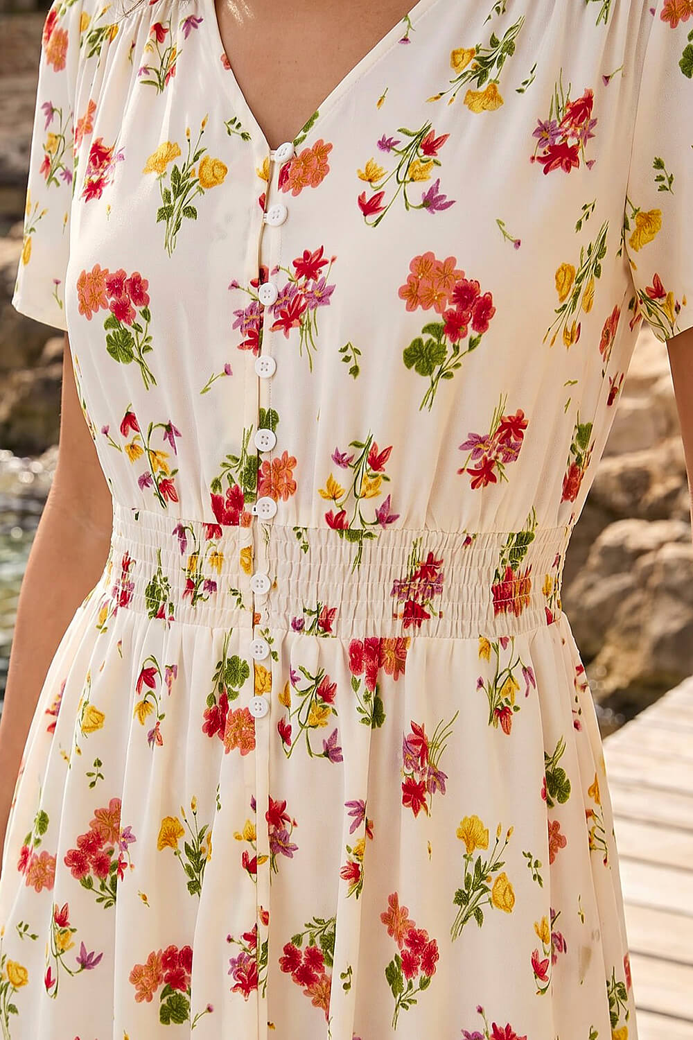 Ivory Floral Print Buttoned Midi Dress, Image 5 of 4