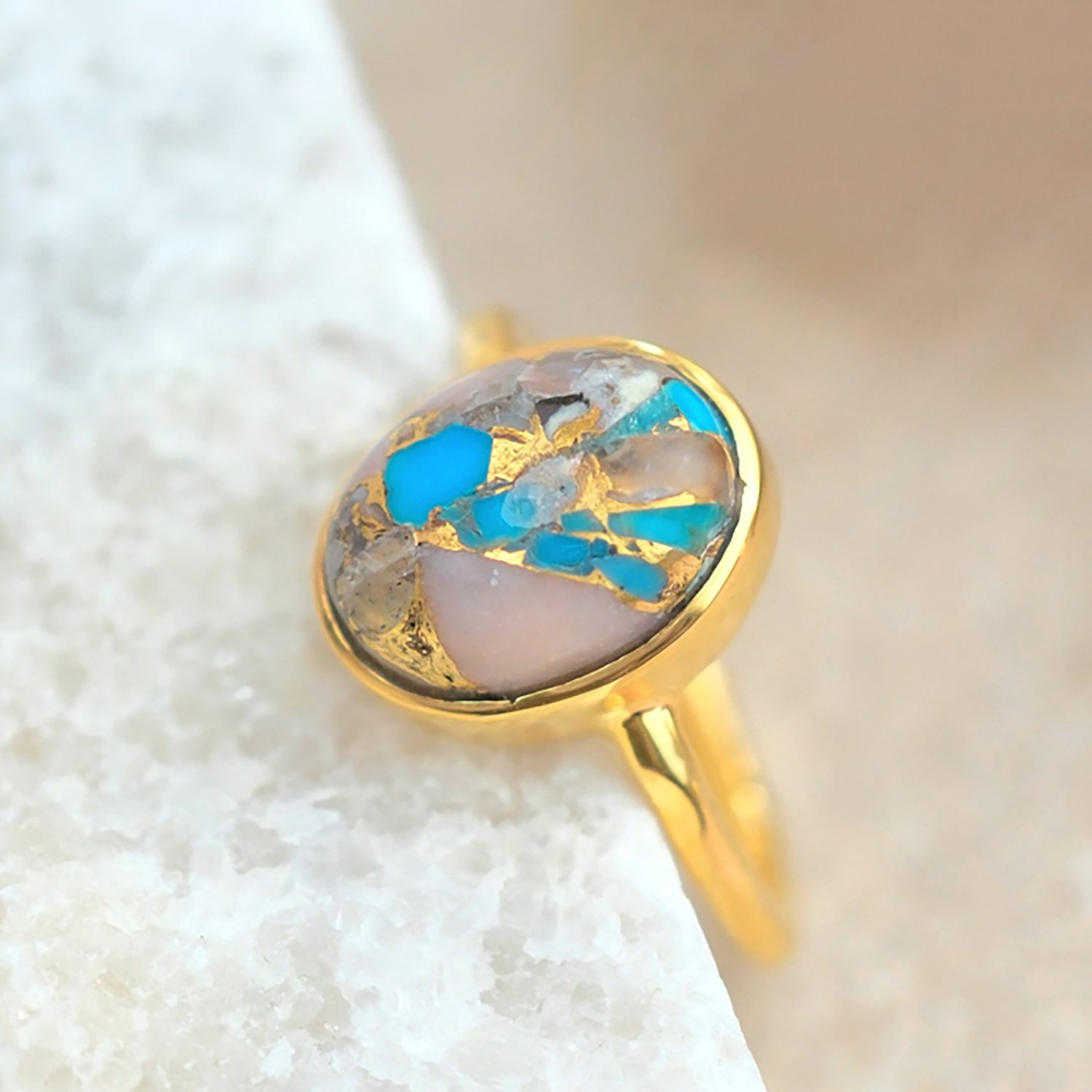 Gold Statement Opal Turquoise Gemstone Gold Vermeil Ring, Image 2 of 2