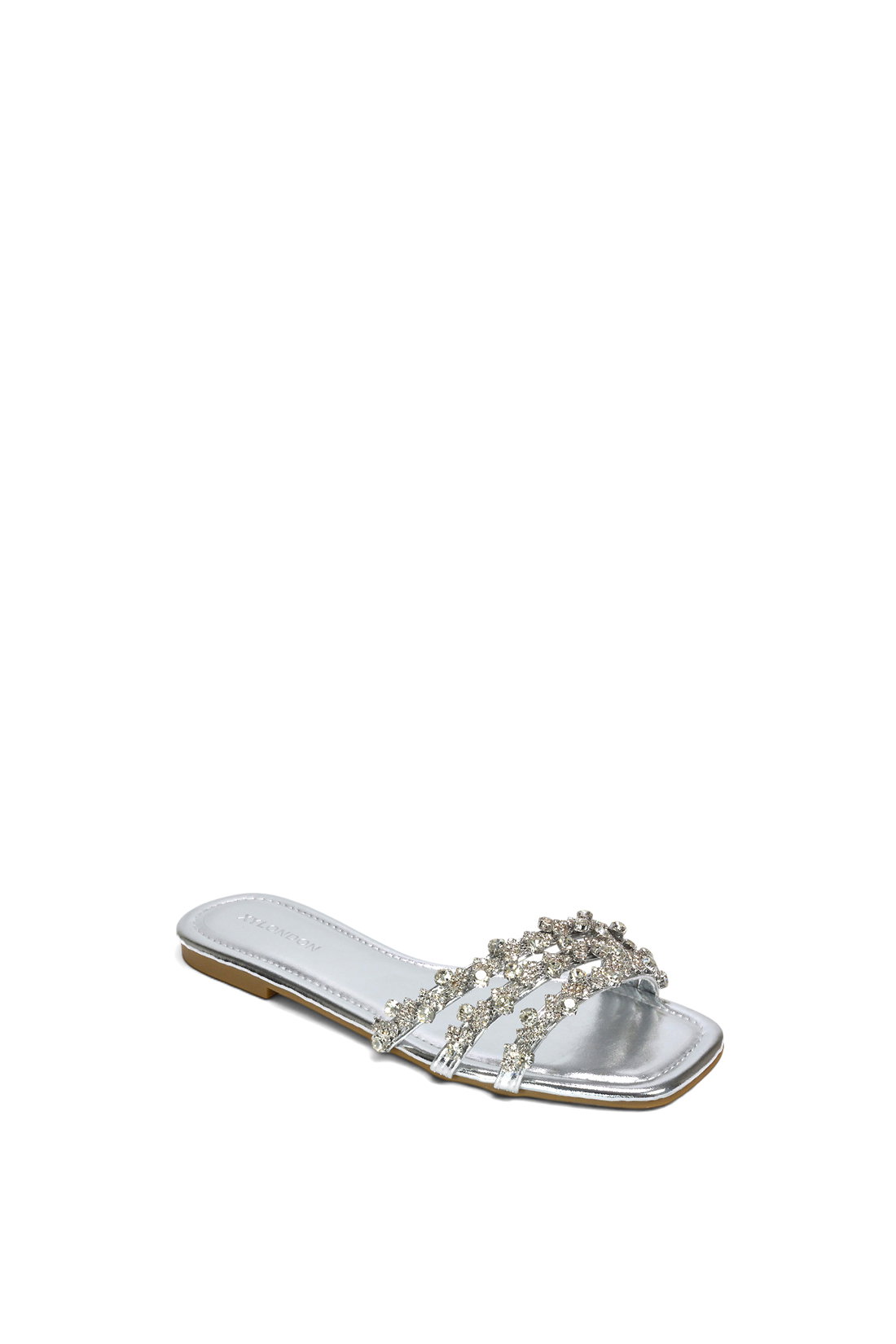 Silver XY LONDON Silver Flat Diamante Strappy Slider Sandals With Square Toe, Image 2 of 6