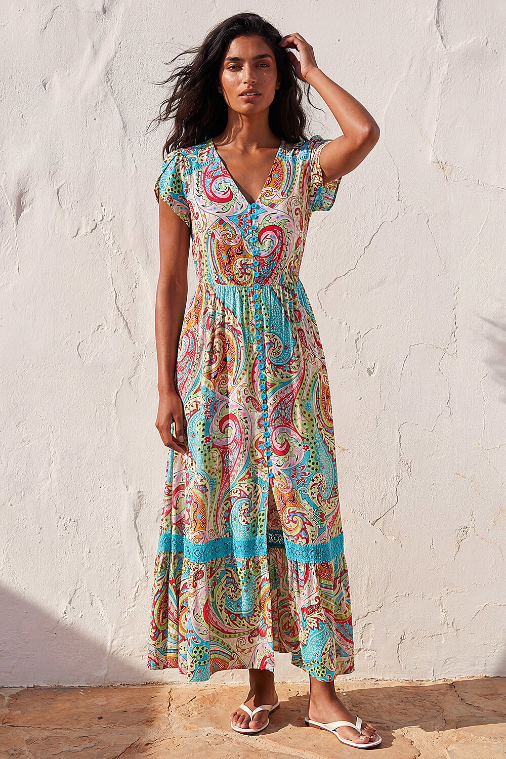 Light Blue Paisley Print Shirred Waist Maxi Dress, Image 1 of 4