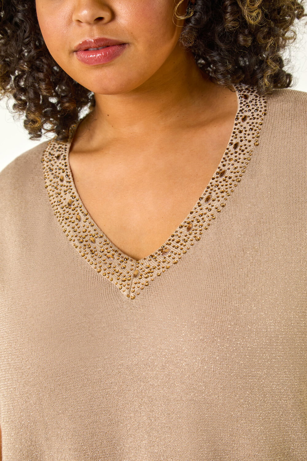 Gold Curve Sparkly V-Neck Knit Top, Image 6 of 5