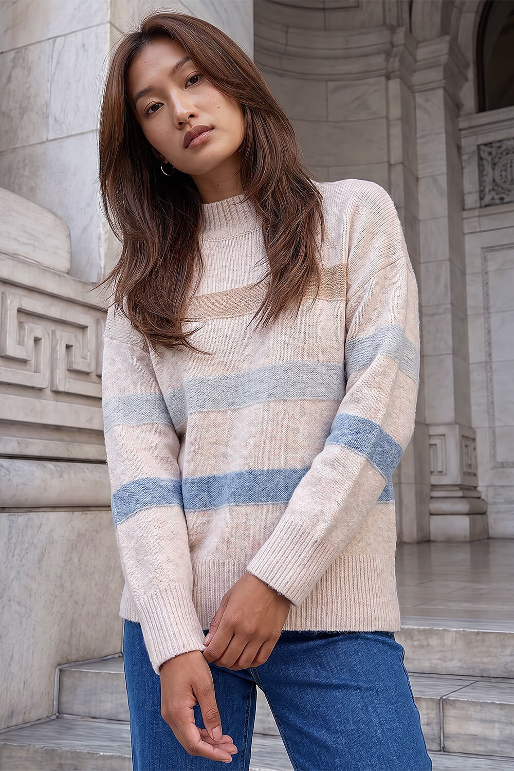Roman Women's Stone Soft Stripe Knit Jumper Size 12