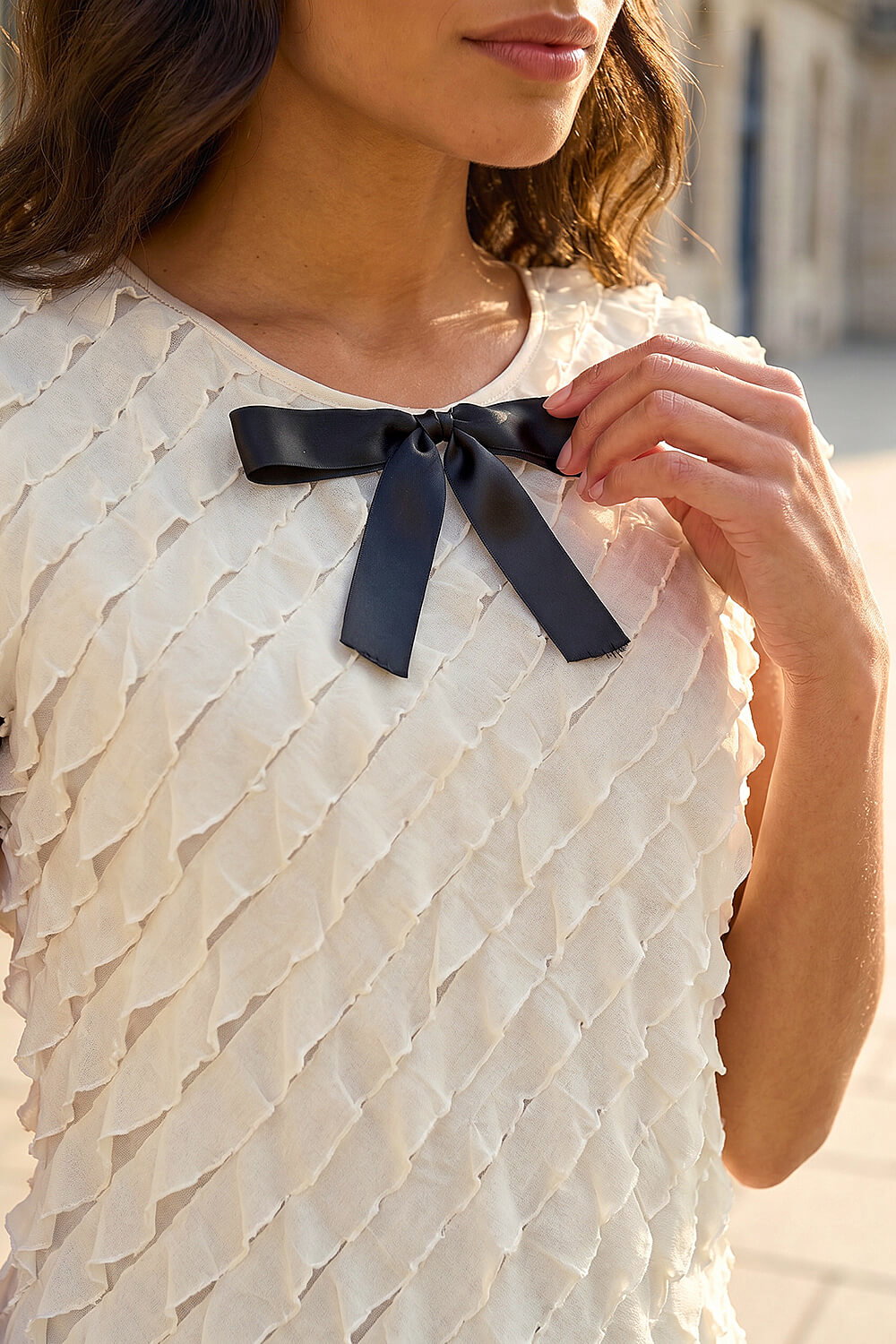 Cream Bow Front Frilled Top, Image 5 of 4