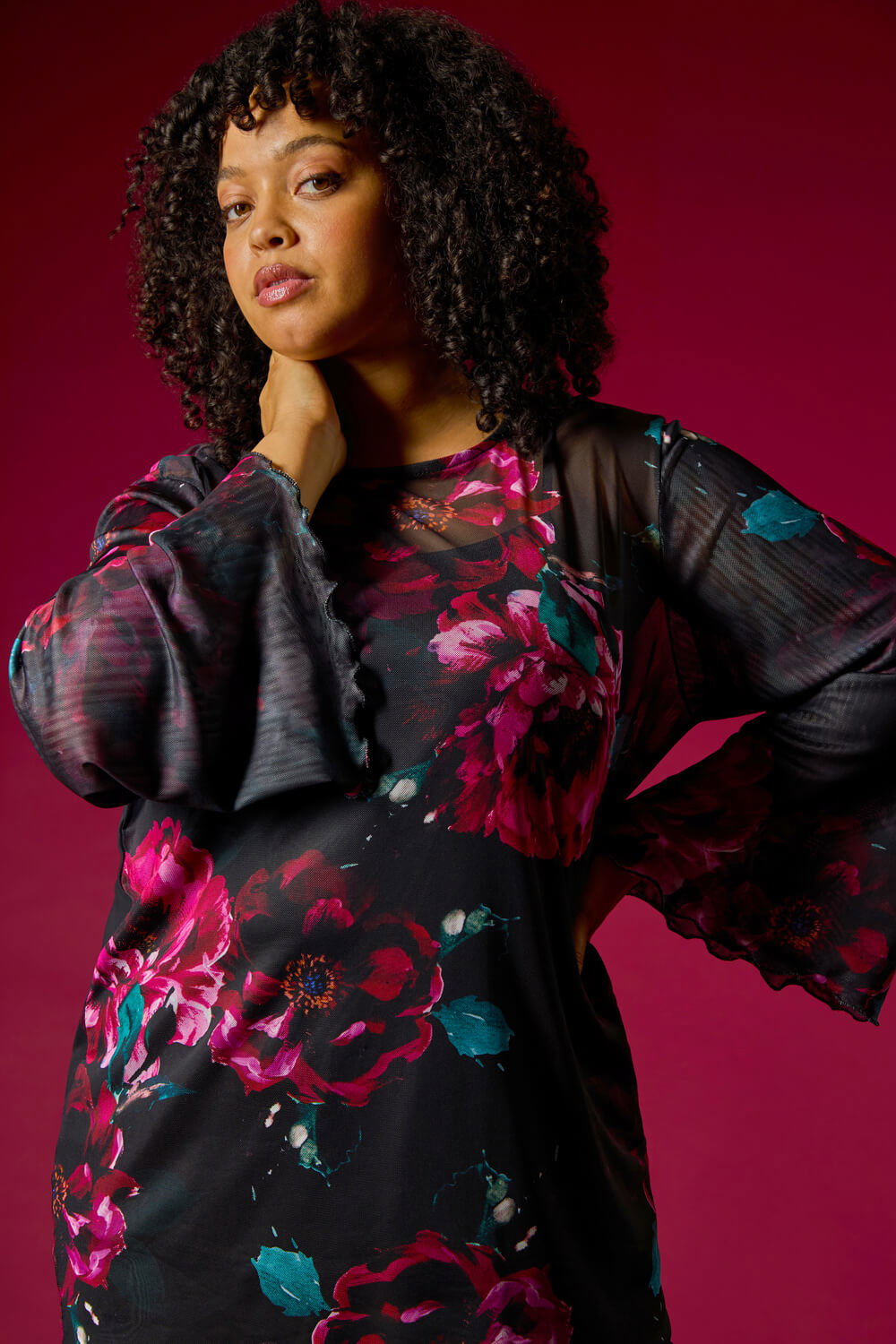 Red Curve Floral Mesh Print Top, Image 9 of 8
