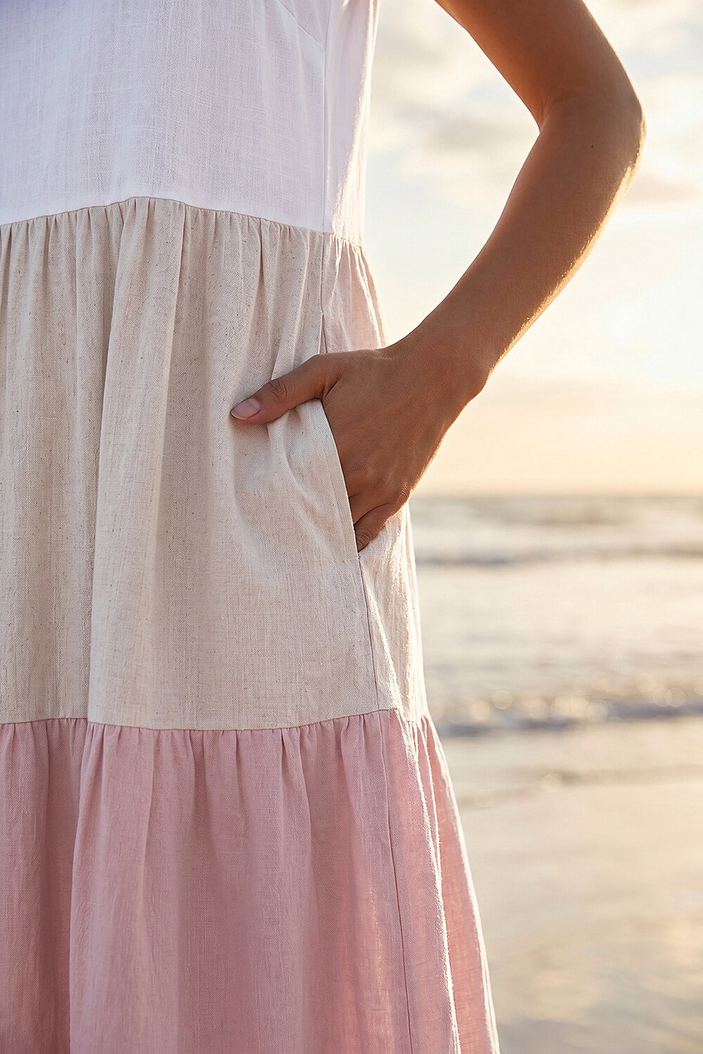 Light Pink Colour Block Tiered Linen Blend Midi Dress, Image 5 of 4