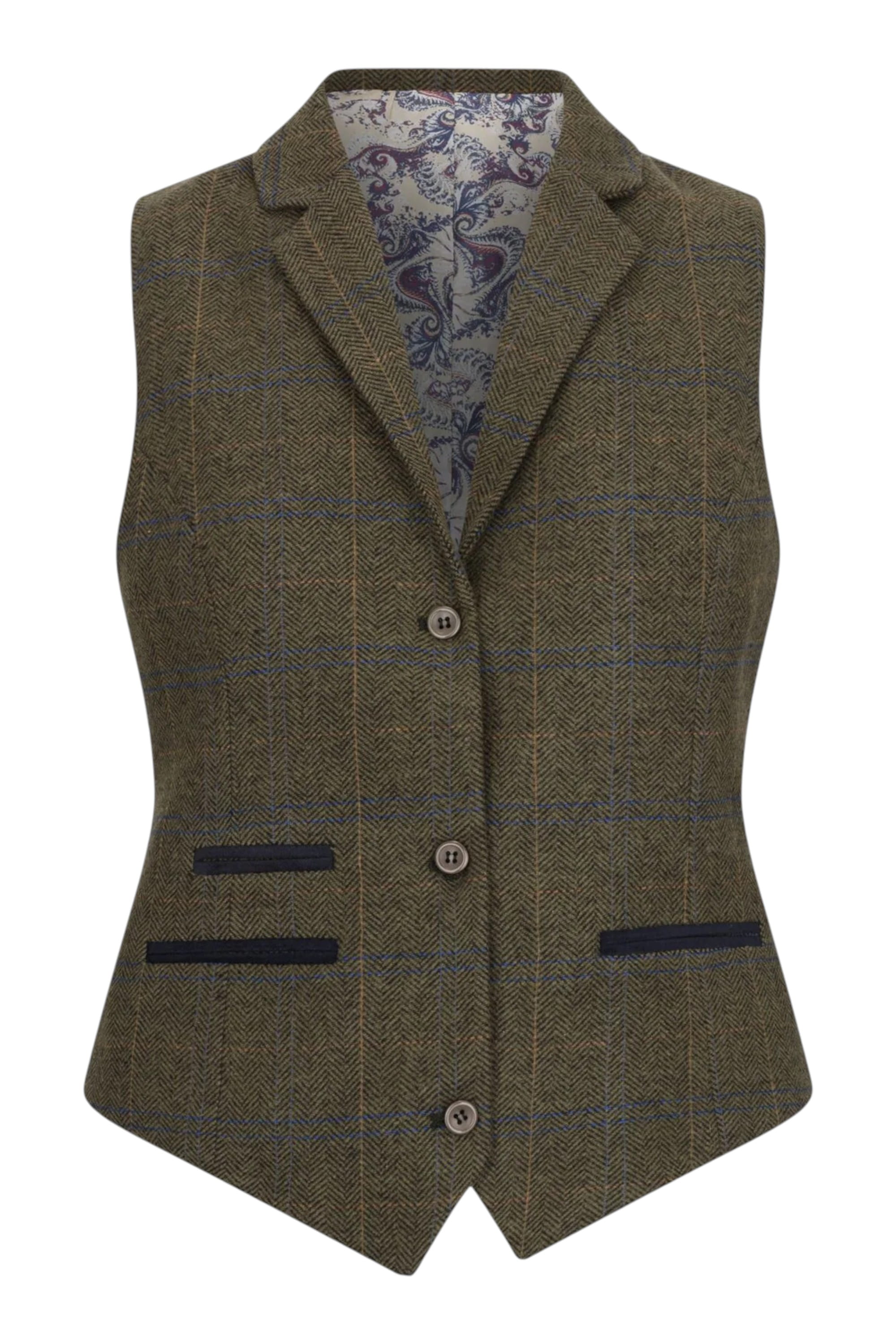 Olive Olive Tweed Herringbone Check Waistcoat, Image 1 of 5
