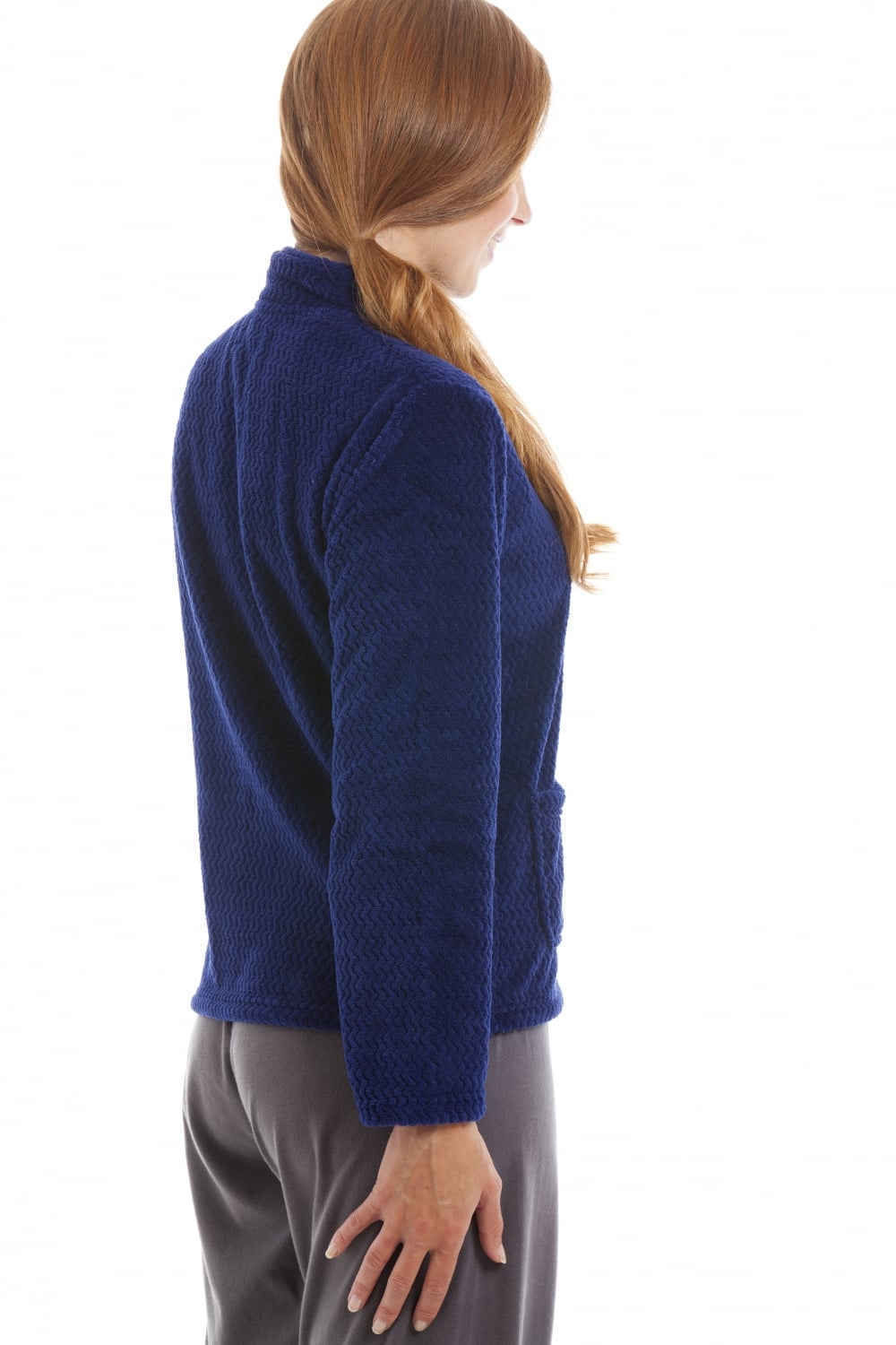 Navy Camille Lingerie Navy Zip Front Soft Textured Fleece Bed Jacket, Image 4 of 5