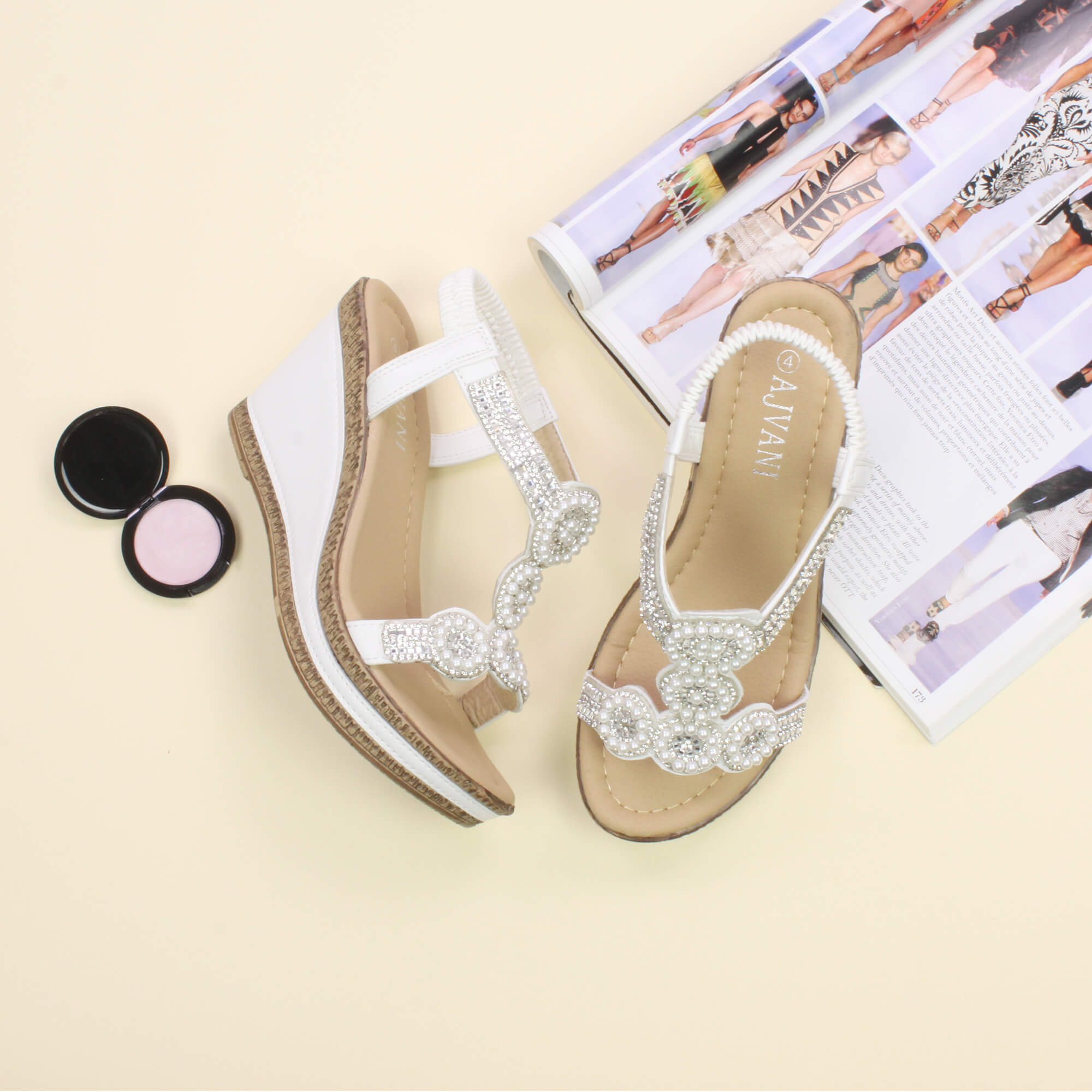 White AJVANI White High Wedge Heel Diamante T-Bar Slingback Sandals, Image 4 of 6