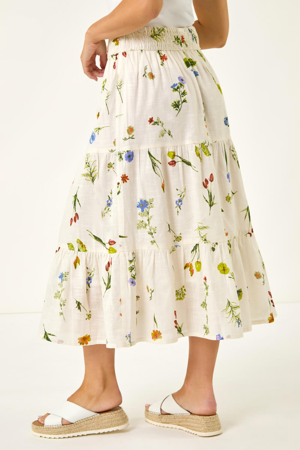 White Petite Floral Print Shirred Midi Skirt, Image 5 of 5