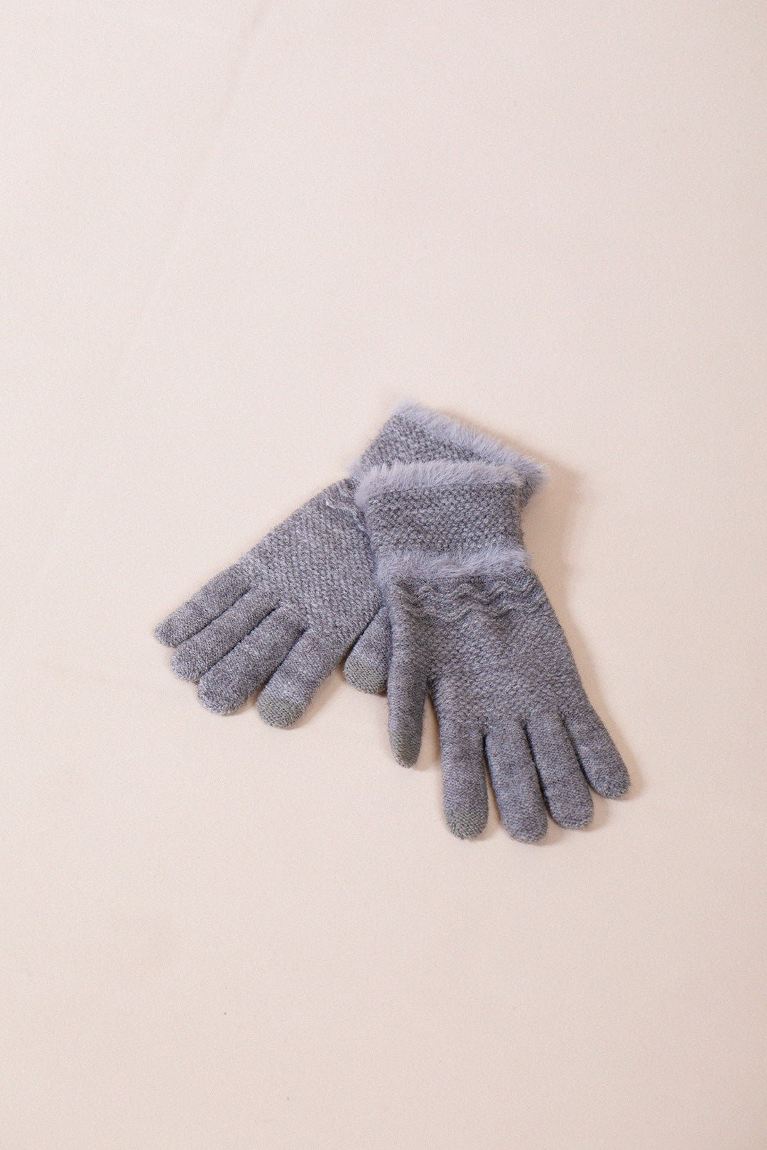 Grey Soft Knit Gloves With Plush Detail, Image 4 of 4