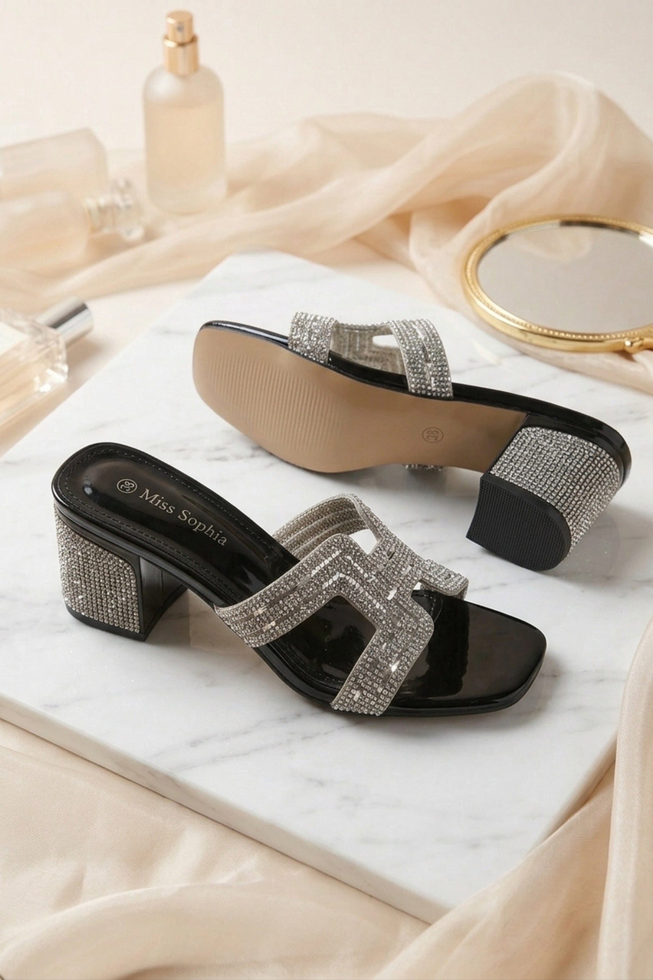 Black Diamante Cut-Out Block Heel Sandals, Image 2 of 3