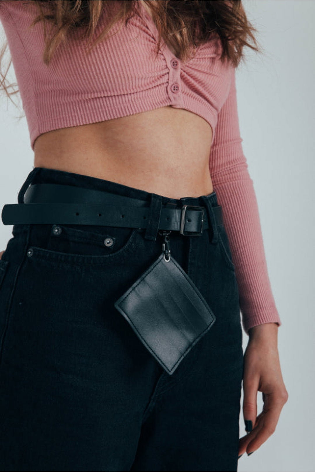 Black PU Leather Belt with Dettachable Card Holder, Image 1 of 7