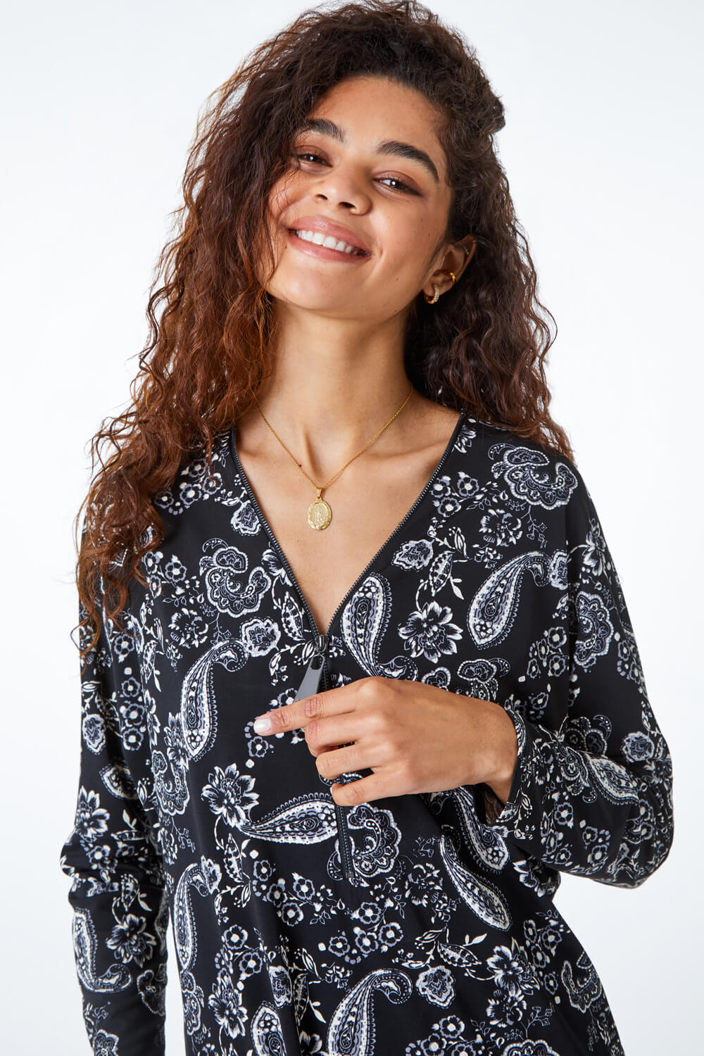 Black Paisley Print Zip Front Top , Image 1 of 5