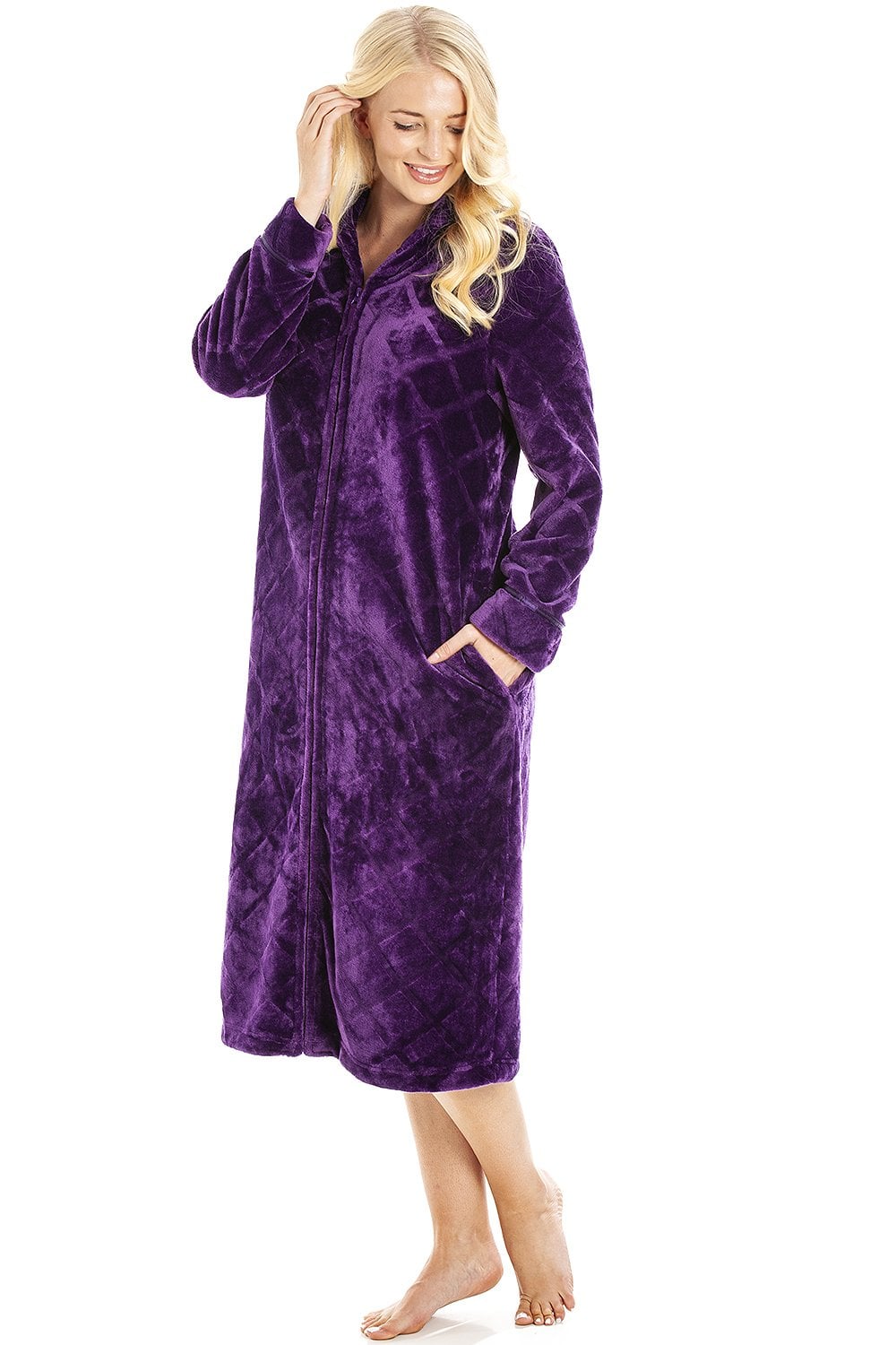 Purple Full Length Zip Housecoat With Inseam Pockets, Image 1 of 5