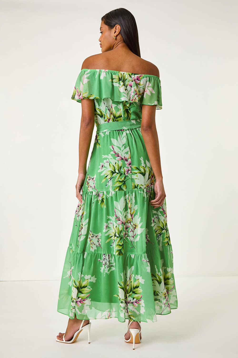 Green Floral Bardot Belted Maxi Dress, Image 4 of 5
