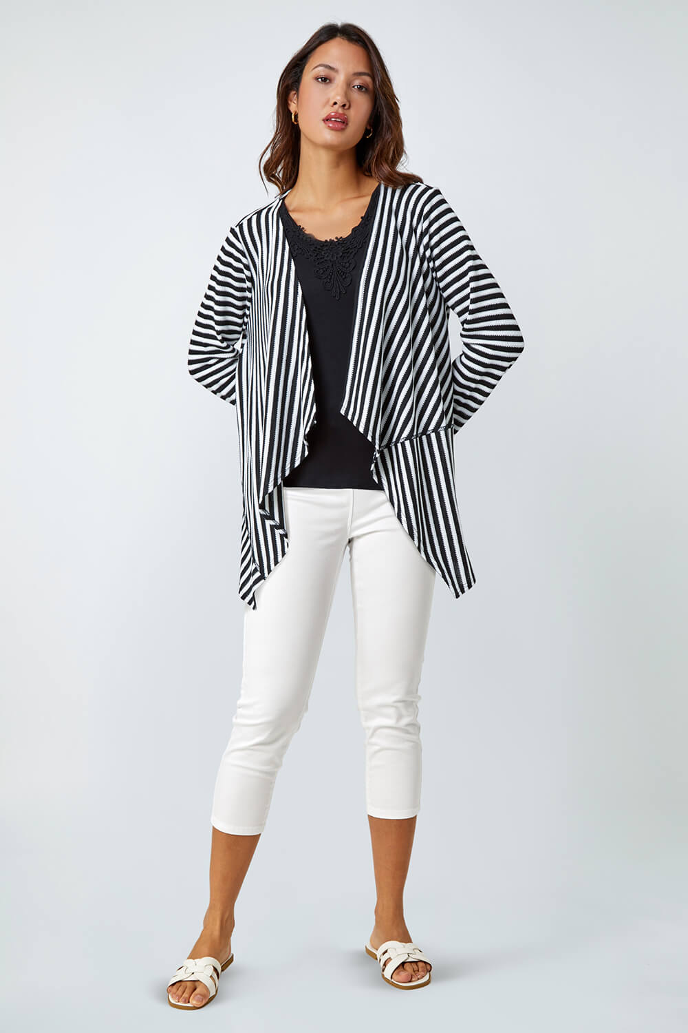 Black Stripe Cardigan & Lace Vest Stretch Top, Image 3 of 5