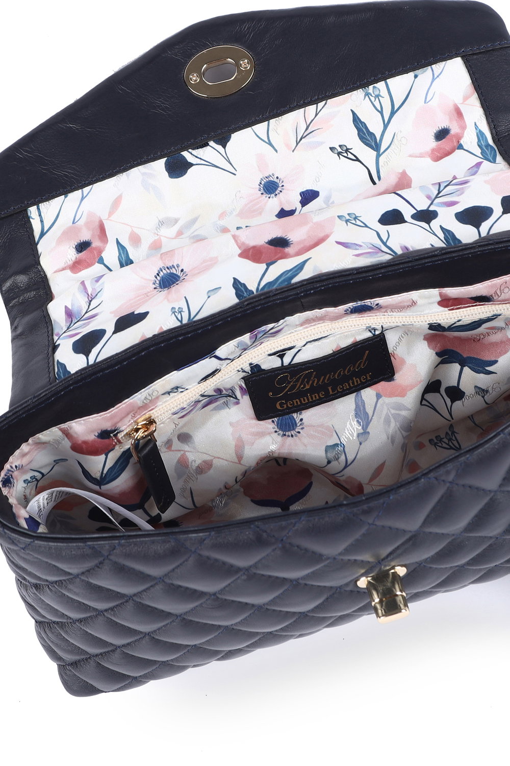 Navy Ashwood Leather Navy 'Tramonto Toscana' Real Leather Flapover Quilted Bag, Image 4 of 4
