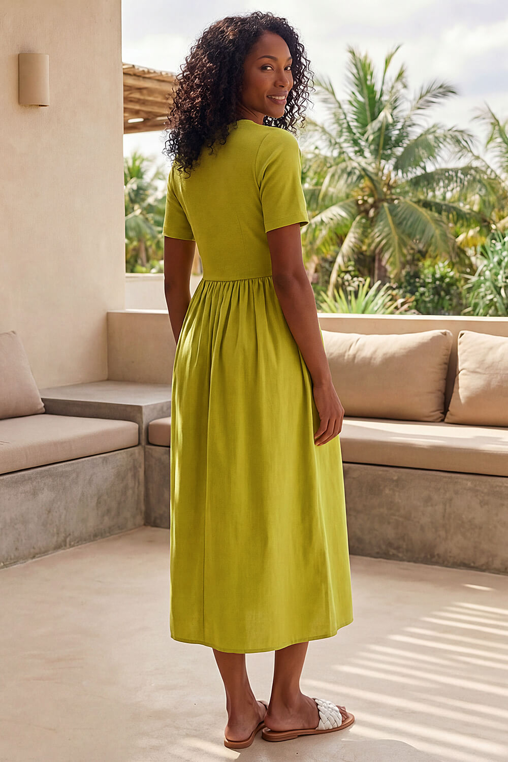 Lime Buttoned Pocket Stretch Midi Dress , Image 4 of 4