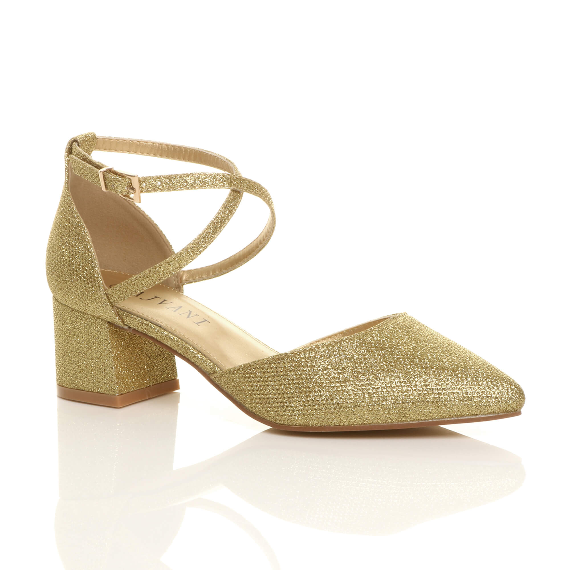 Metallic Mid Block Heel Crossed Straps Pointed Toe 2 Part Heels