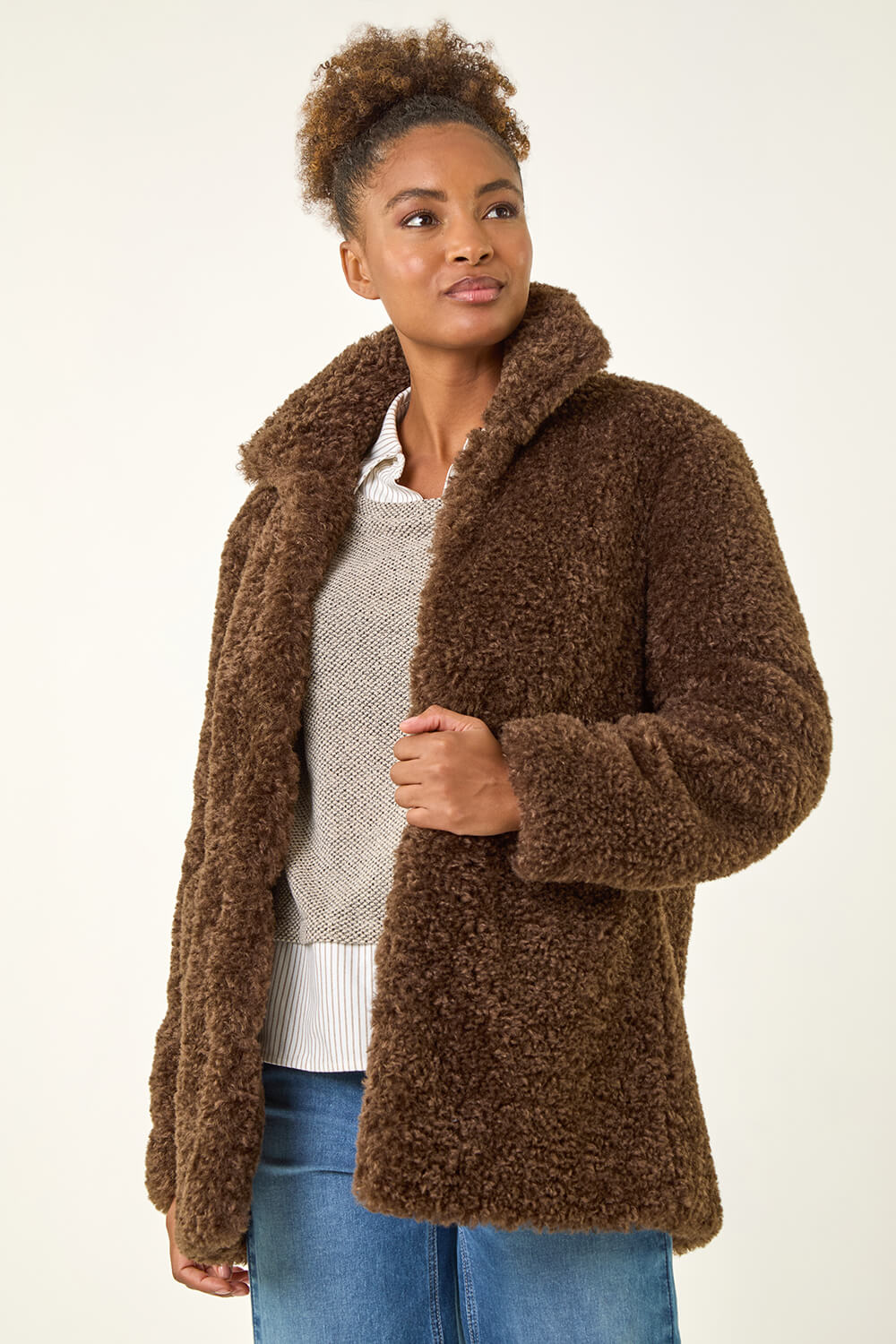Chocolate Curly Soft Borg Coat | Roman UK