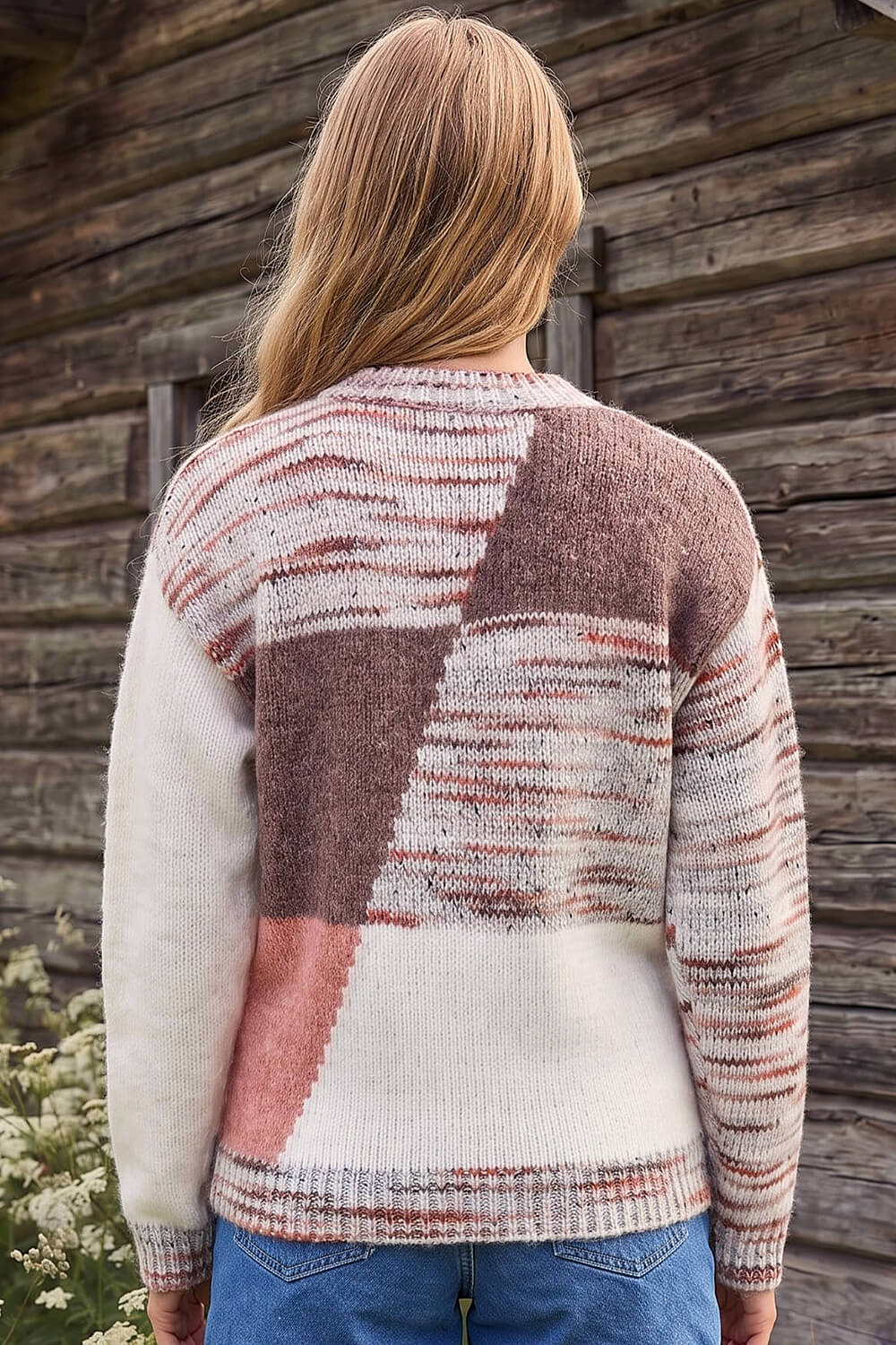 Neutral Textured Colour Block Knit Jumper, Image 4 of 4