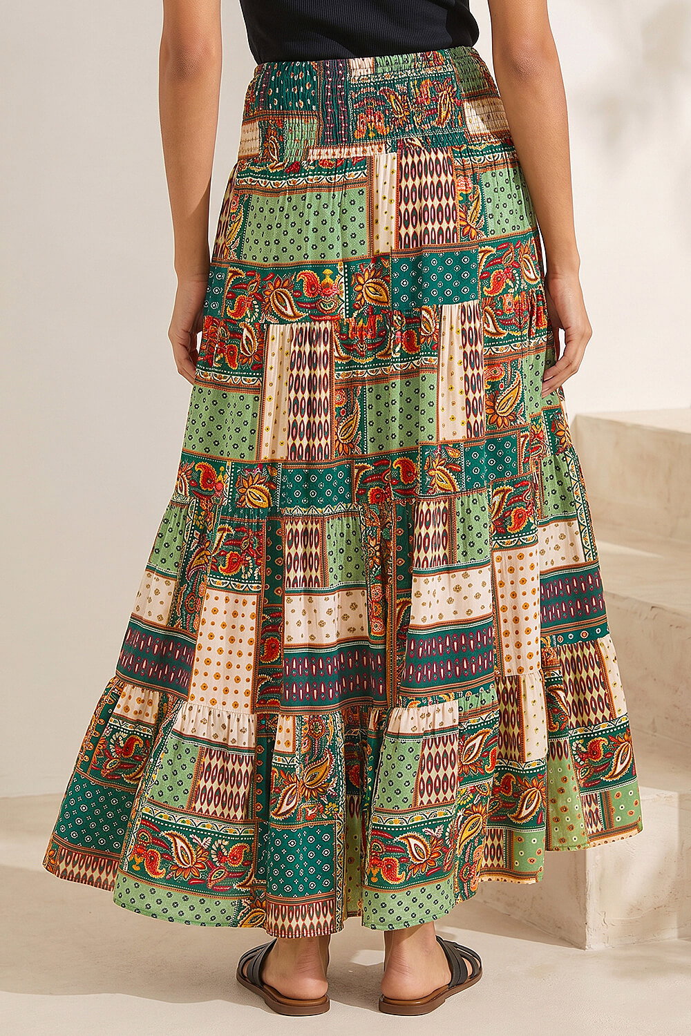 Khaki Paisley Print Shirred Maxi Skirt, Image 4 of 4