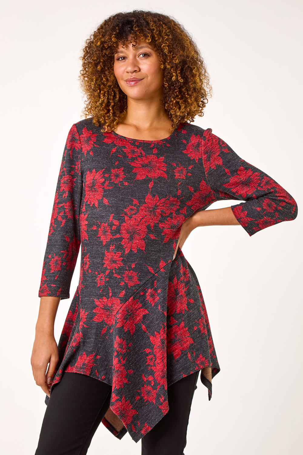 Red Floral Print Hanky Hem Tunic Top, Image 1 of 5