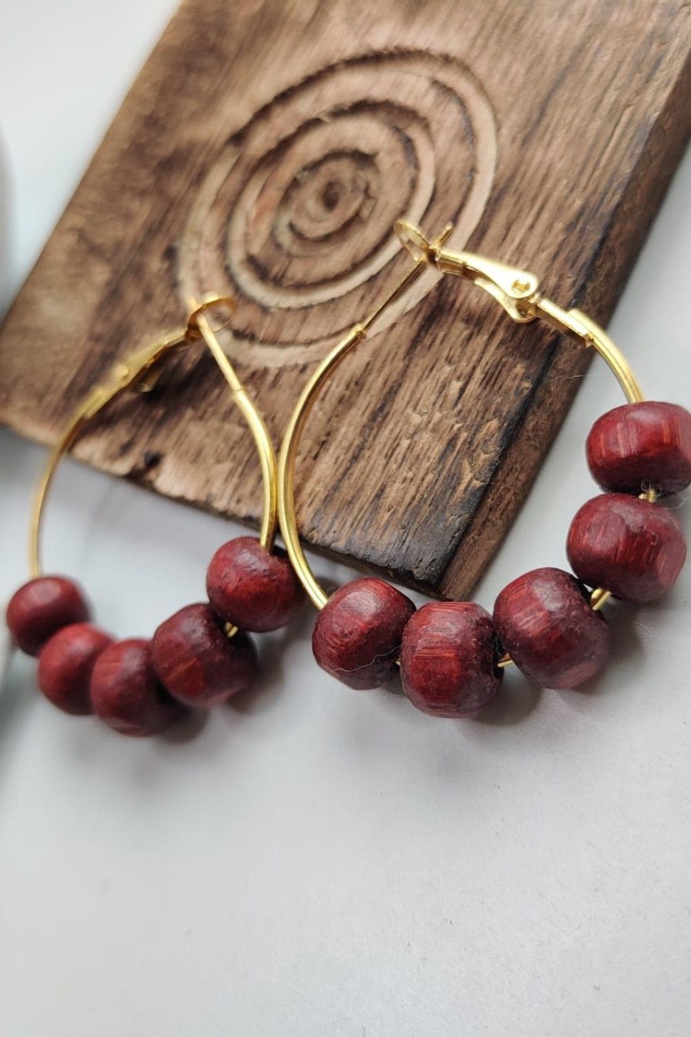 Red Sandalwood Beaded Huggie Hoop Earrings, Image 2 of 3
