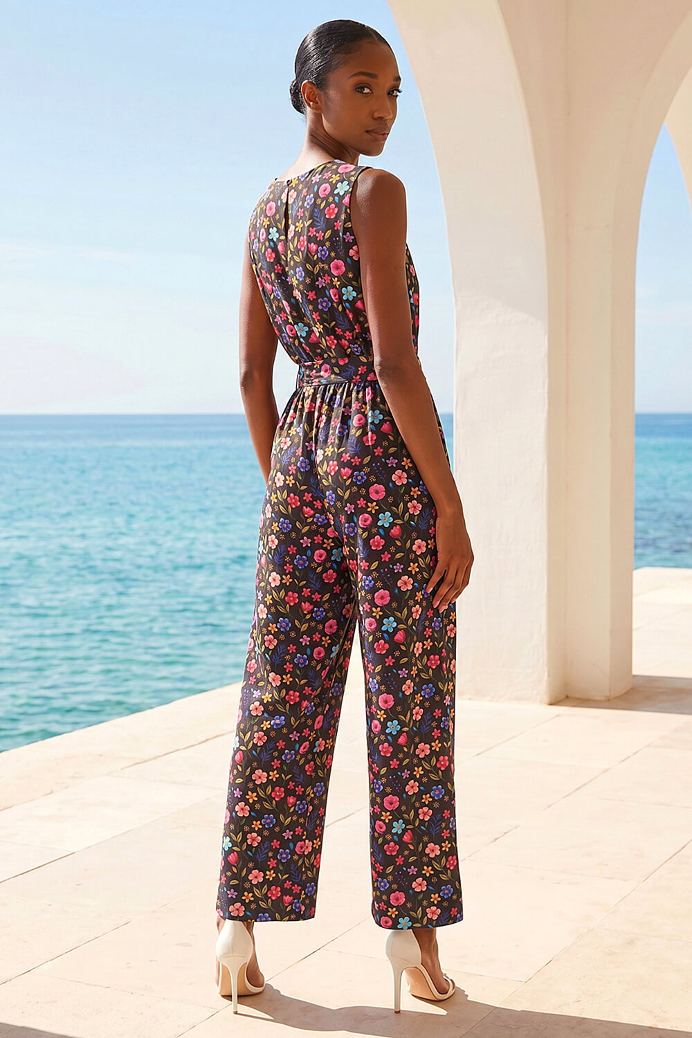 Black Petite Ditsy Wrap Bodice Jumpsuit, Image 3 of 4