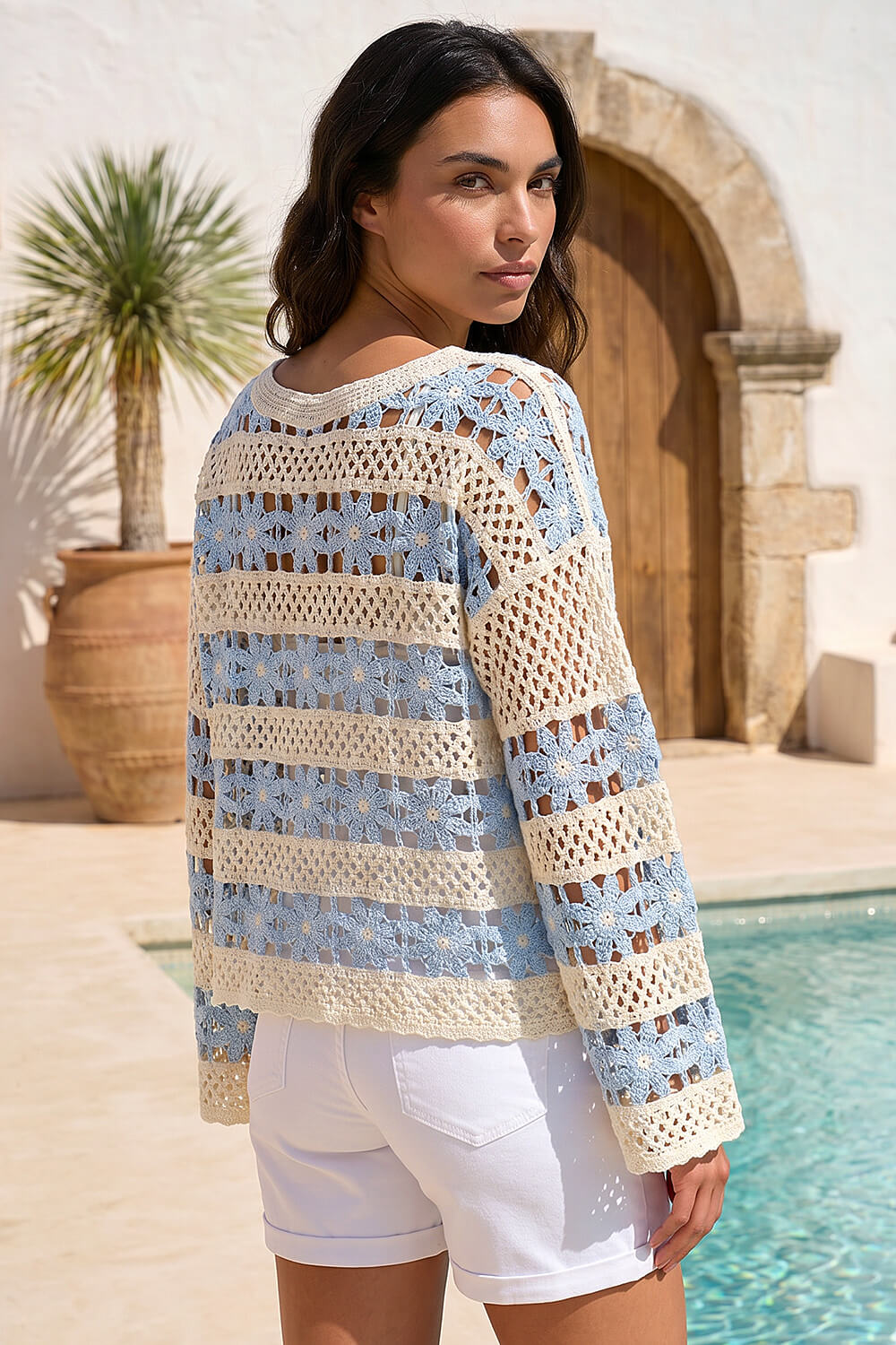 Light Blue Floral Stripe Crochet Knit Jumper, Image 4 of 4