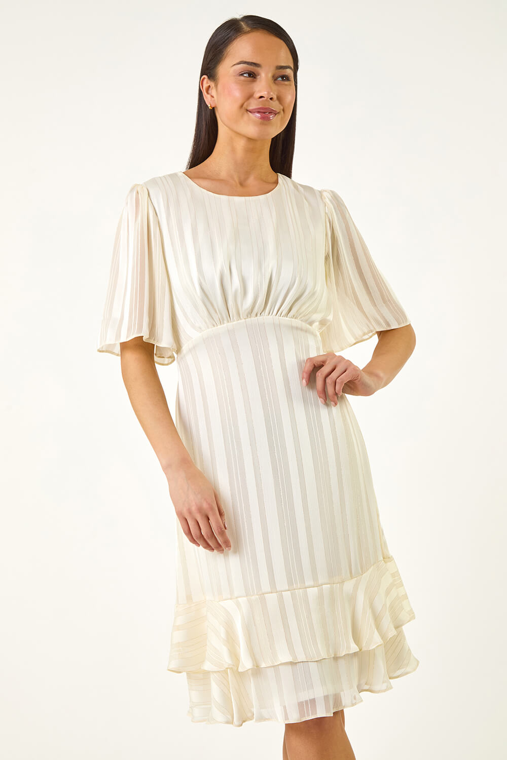 Ivory Petite Stripe Frill Hem Midi dress, Image 5 of 5