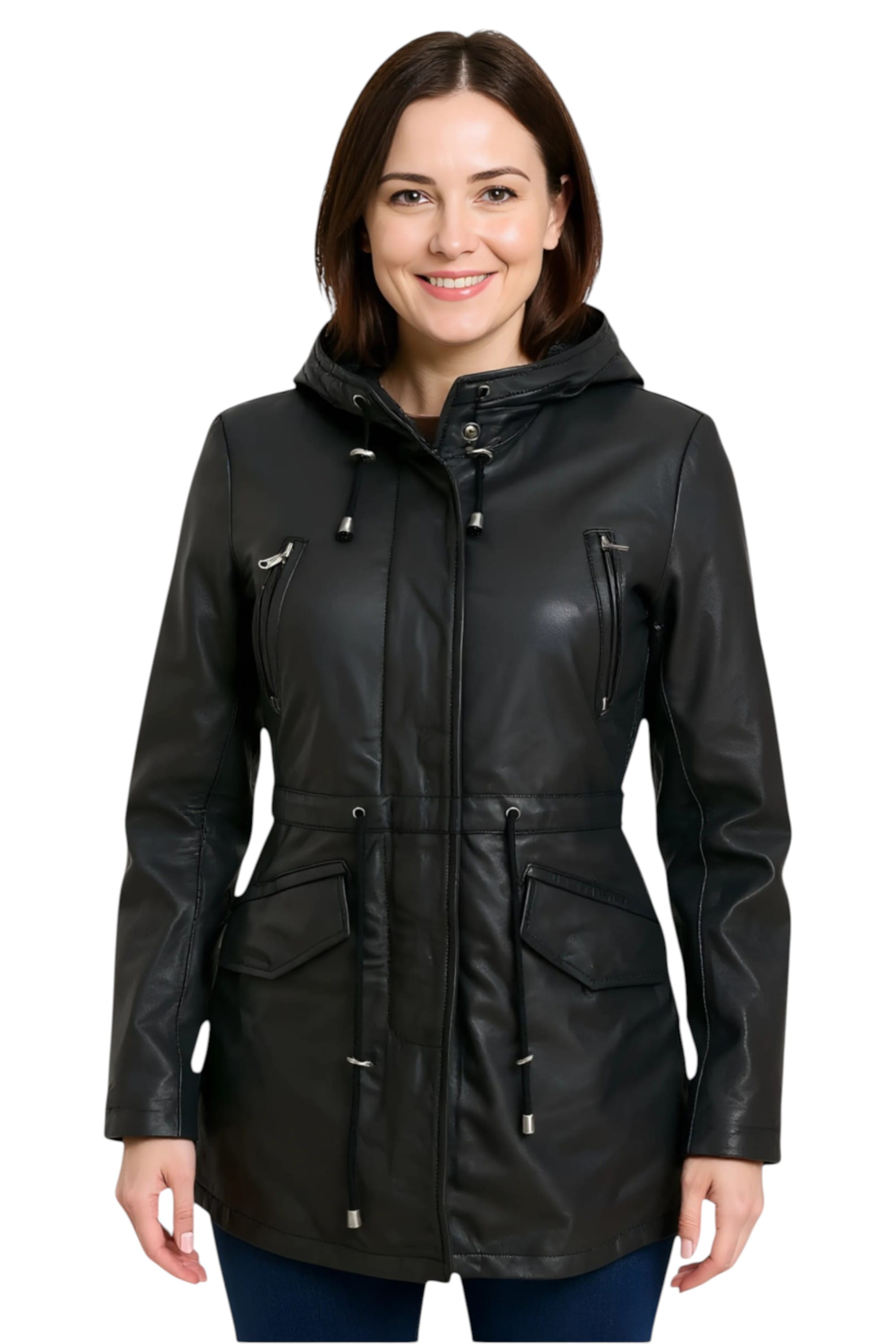Charcoal Leather Hooded Parka Jacket-Cairns, Image 1 of 6