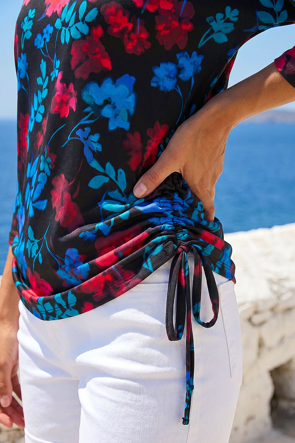 Blue Floral Print Tie Detail Stretch Top, Image 5 of 4