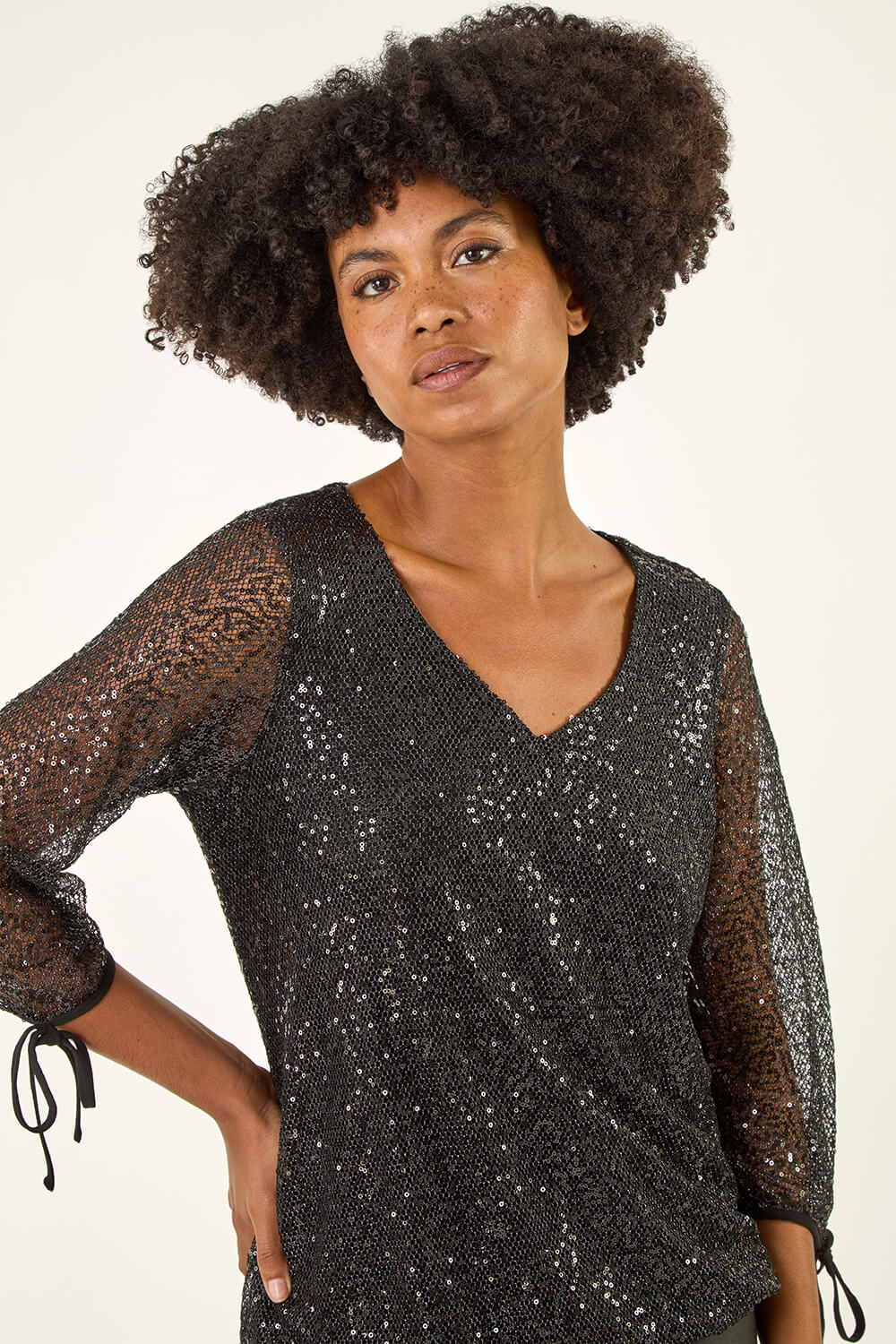Black Sequin Mesh Blouson Top, Image 1 of 5