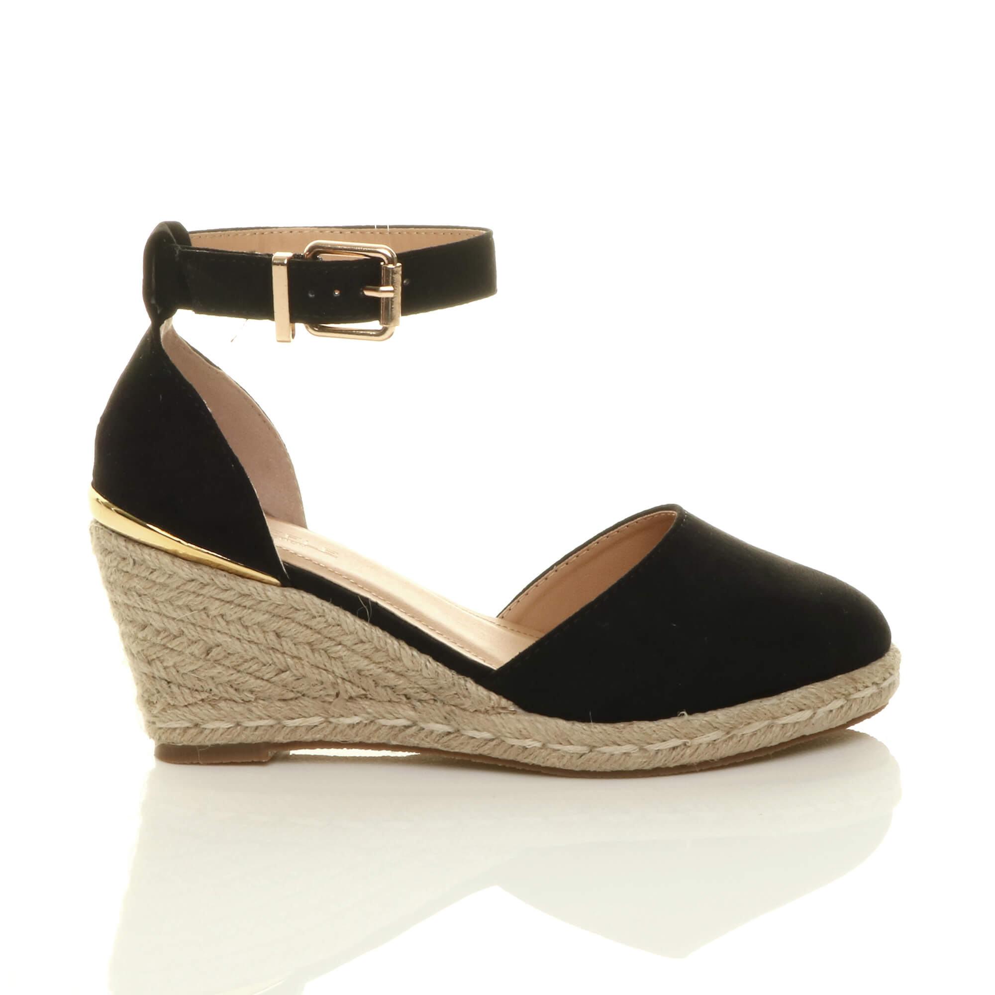 Black AJVANI Black Mid Wedge Heel Ankle Strap Espadrille Sandals, Image 2 of 6