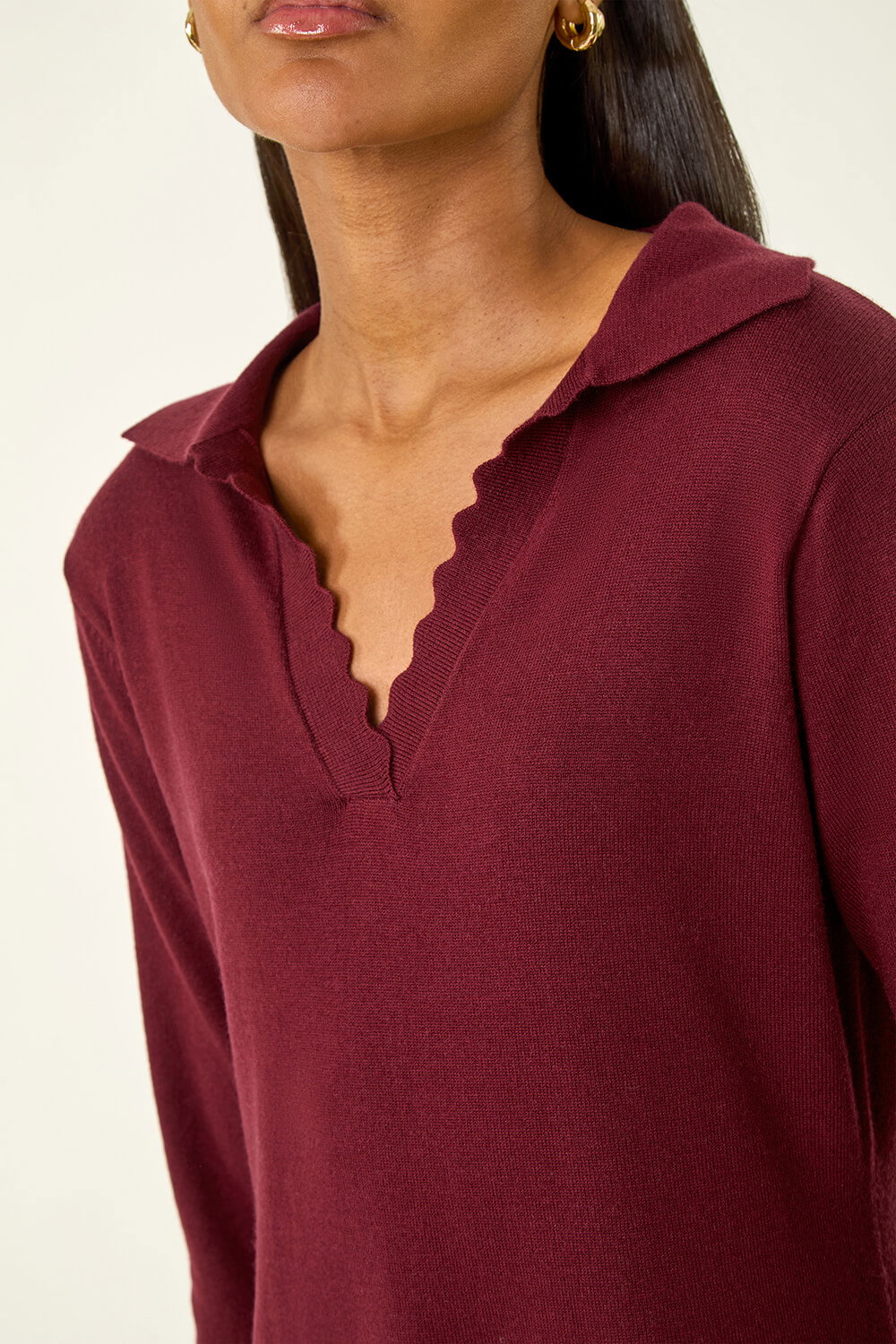 Wine Scallop Detail Knitted Midi Dress, Image 6 of 5