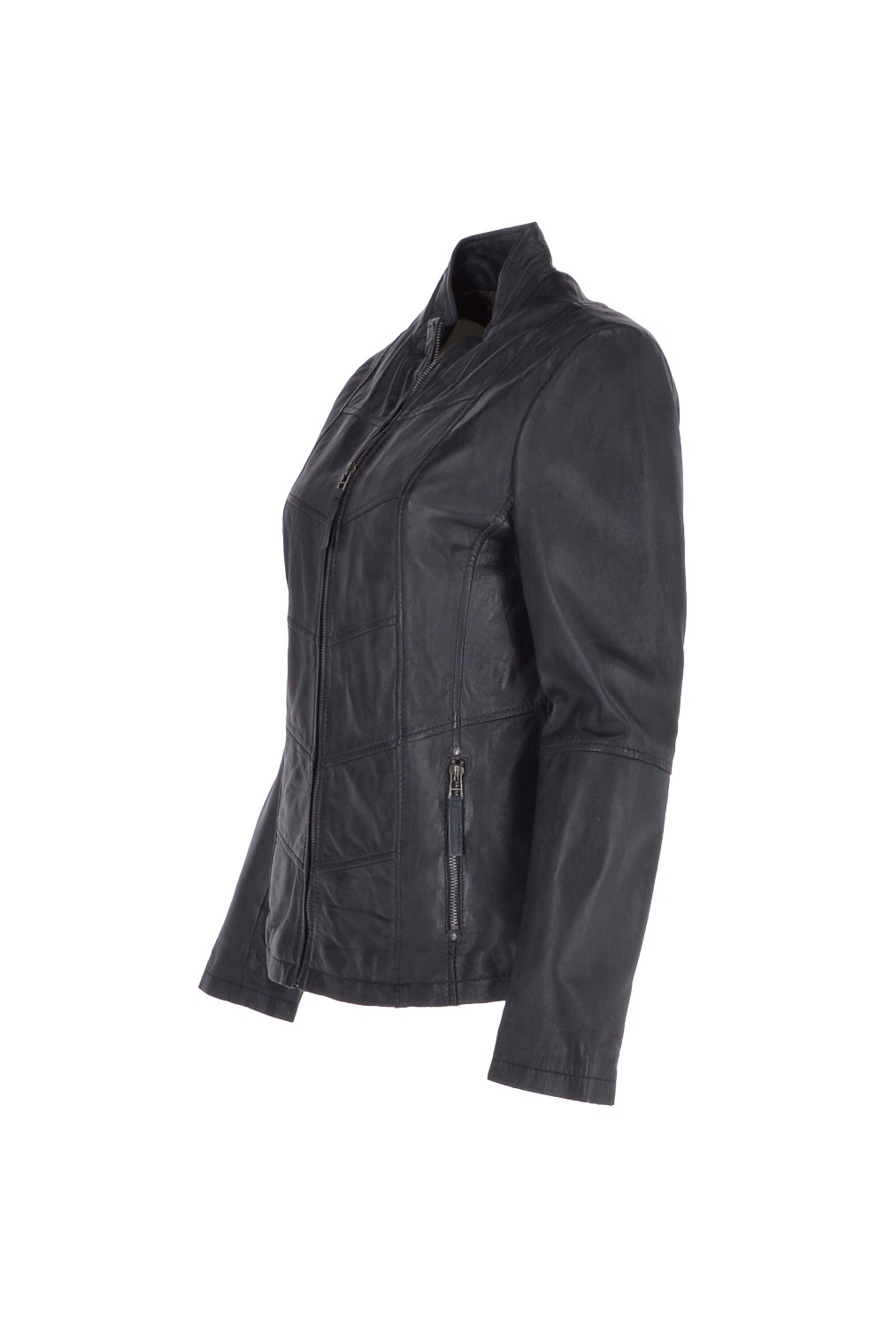 Navy Ashwood Leather Navy 'Isla' Real Leather Mandarin Collared Jacket, Image 2 of 4