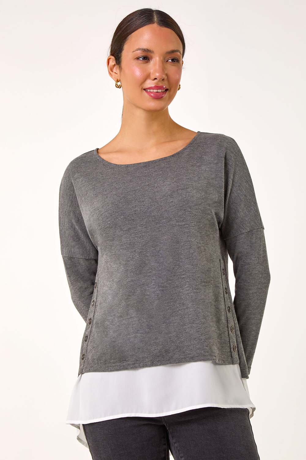 Grey 2 in 1 Contrast Hem Detail Stretch Top, Image 5 of 5
