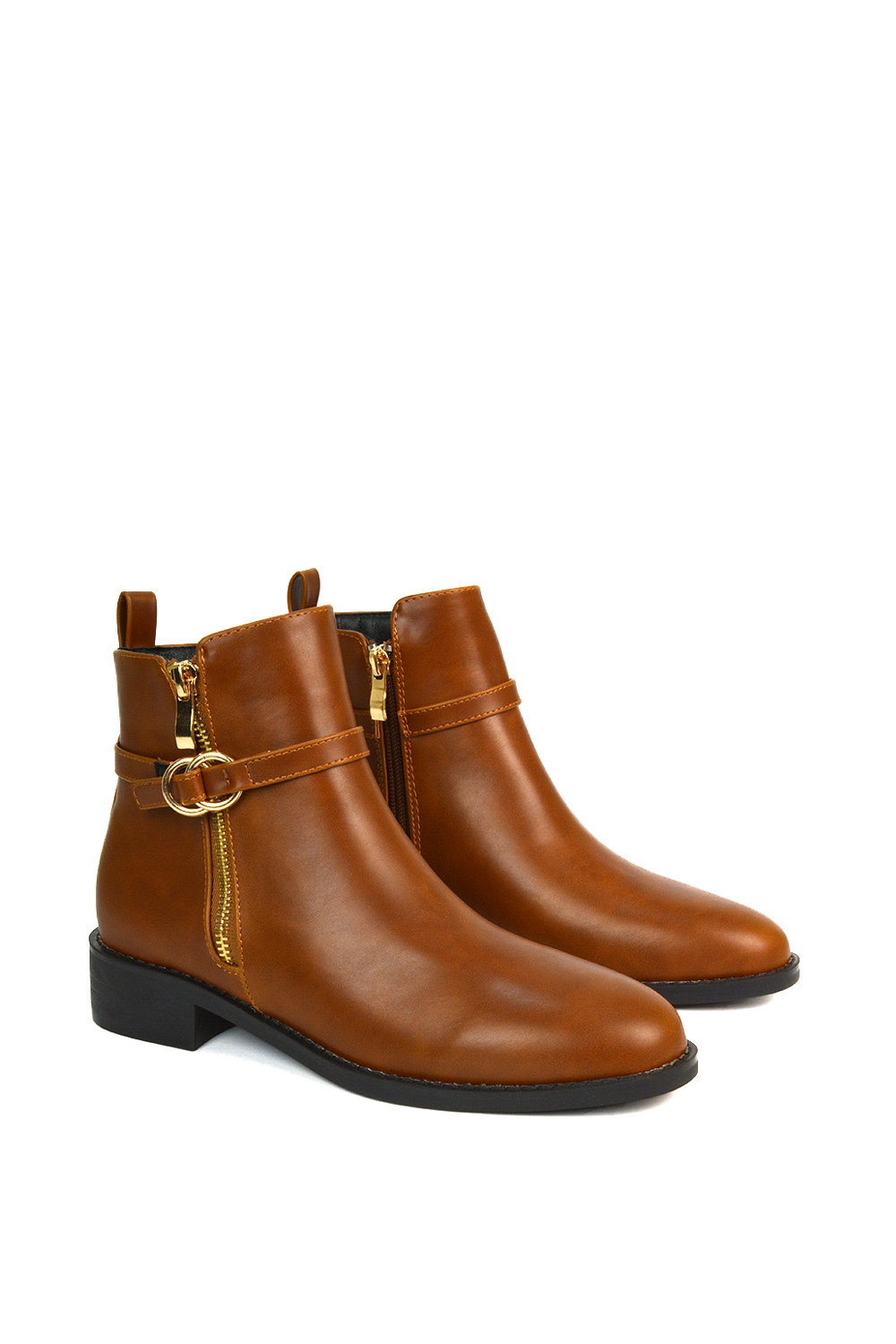 Tan XY LONDON Tan 'Lorna' Flat Low Heel Ankle Booties With Decorative Buckle and Zip, Image 5 of 6