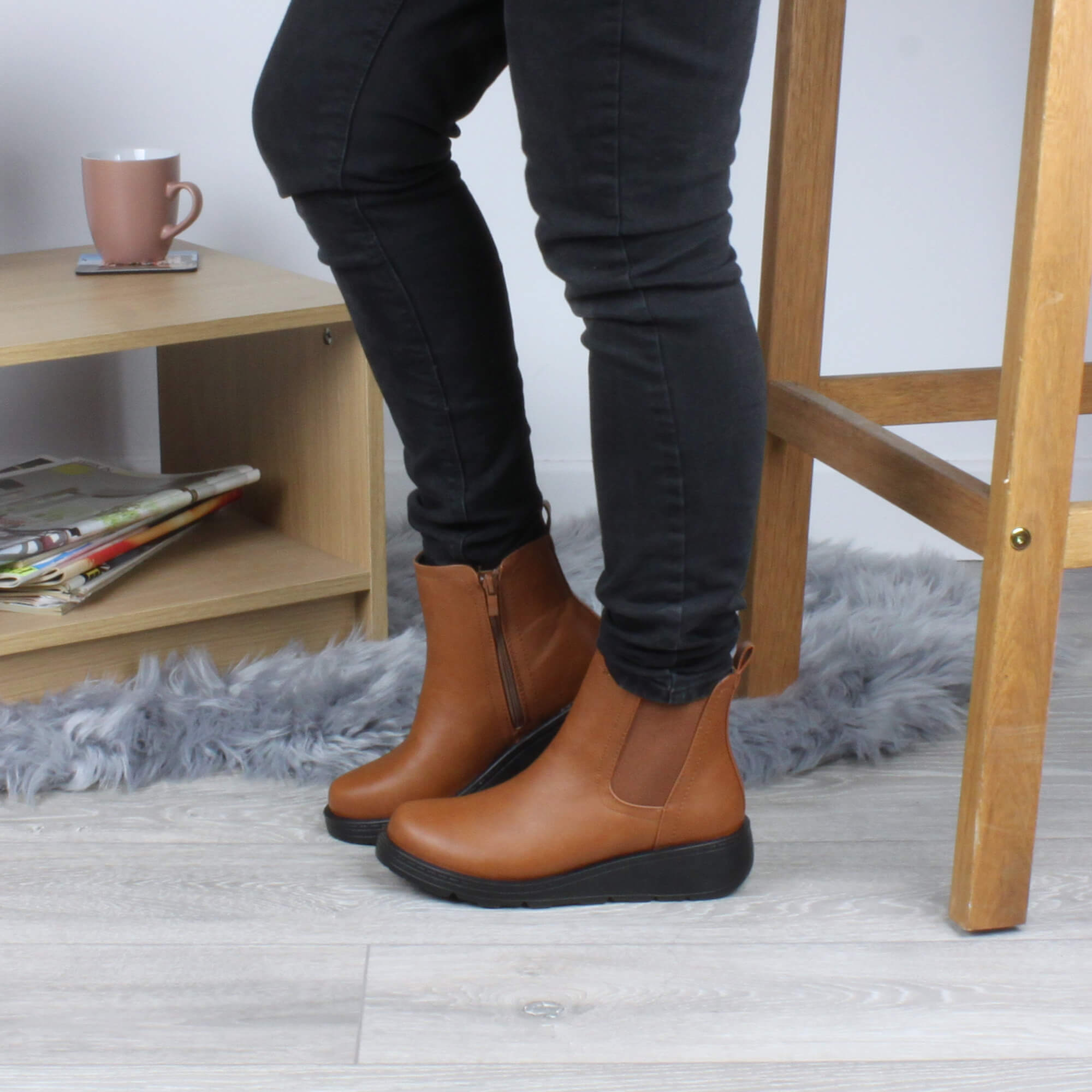 Tan Low Wedge Comfort Ankle Chelsea Boots, Image 5 of 6