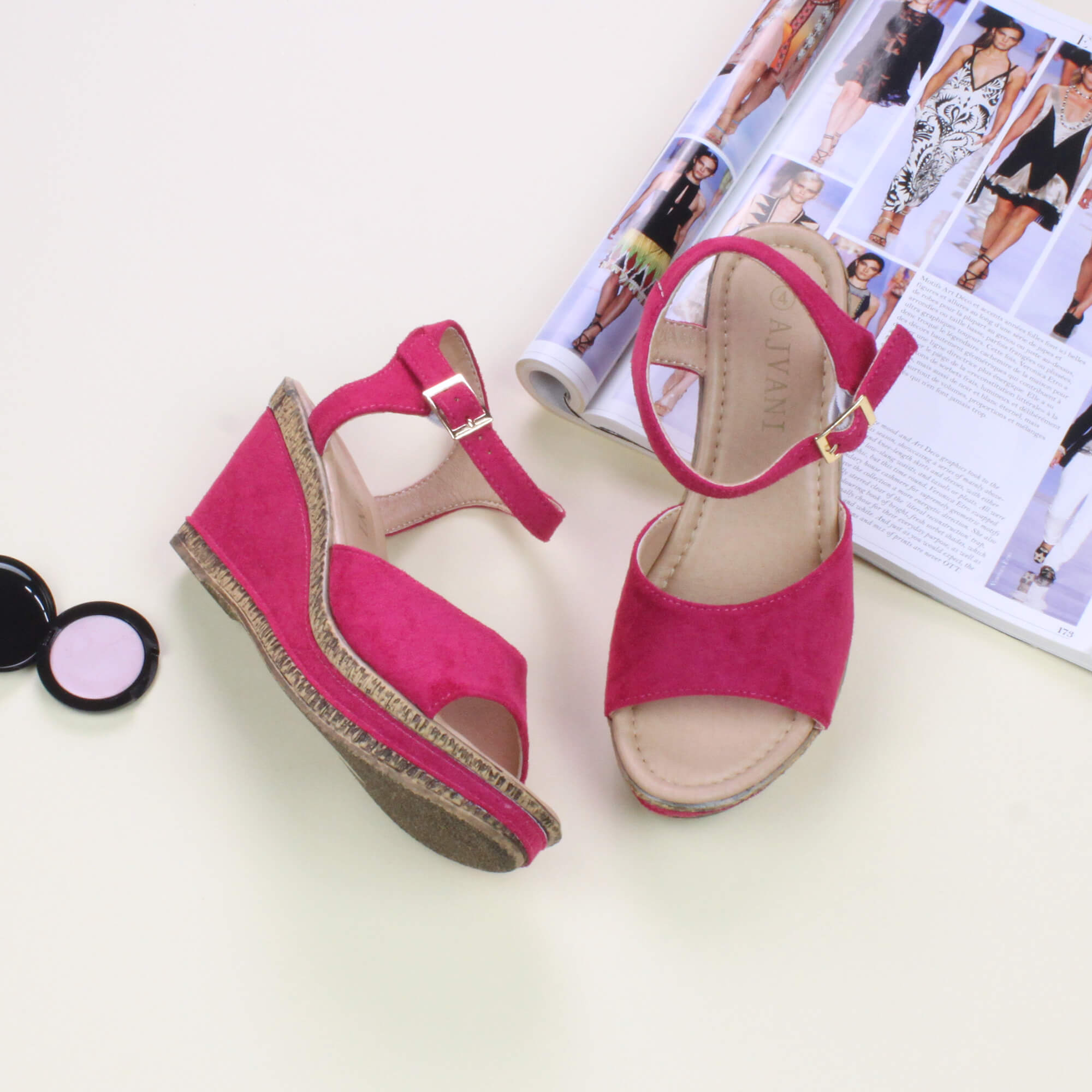 Fuchsia High Wedge Heel Ankle Strap Cork Sandals, Image 4 of 6