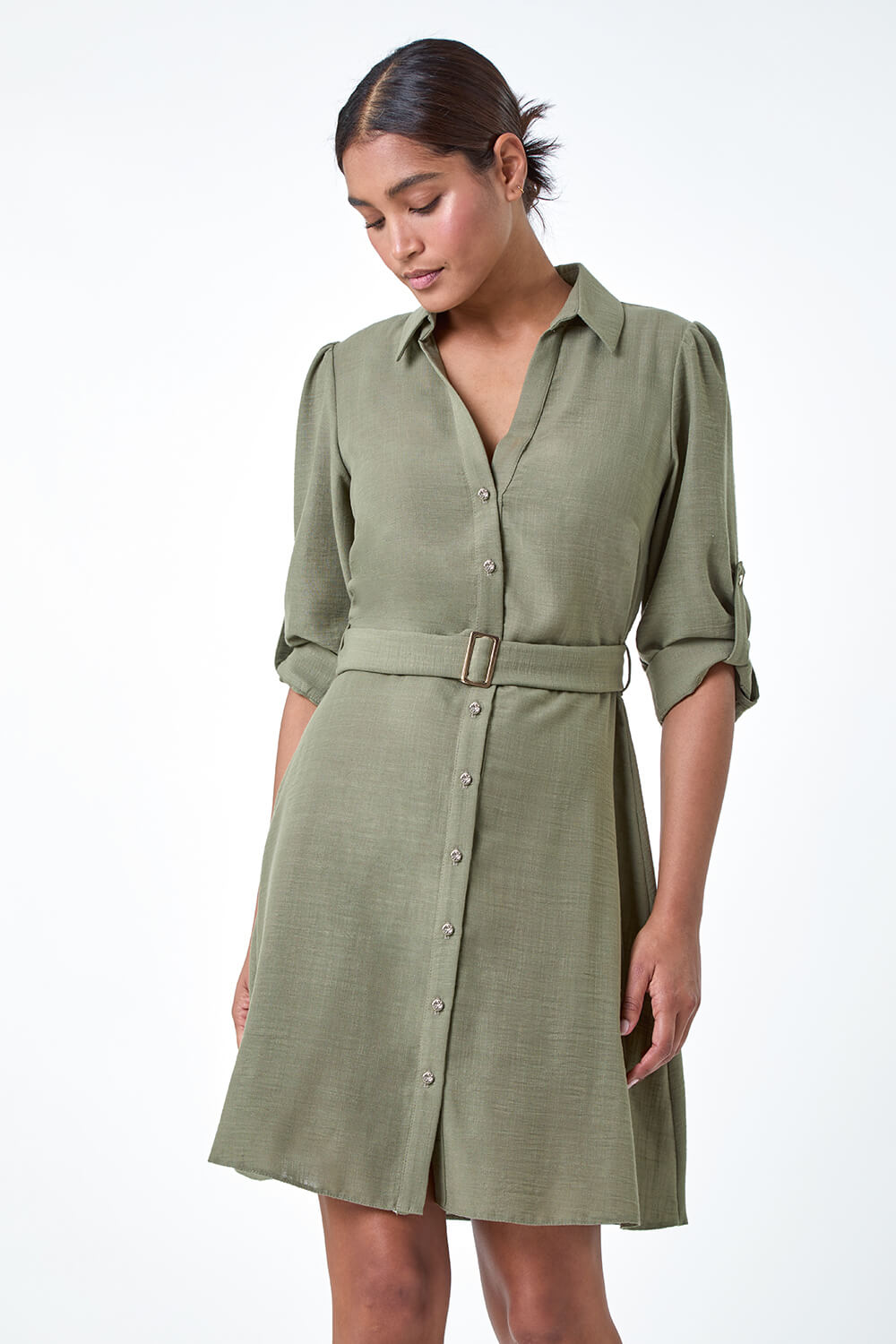 Khaki Short Belted Shirt Dress, Image 3 of 7