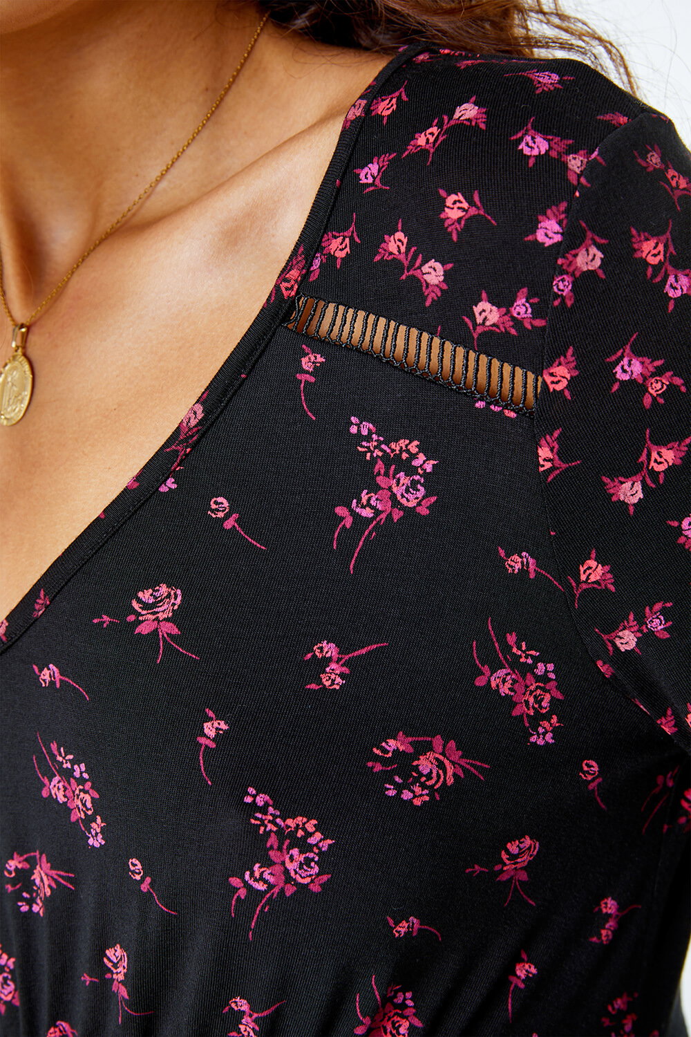 Black Ditsy Floral Ladder Lace Top , Image 6 of 5