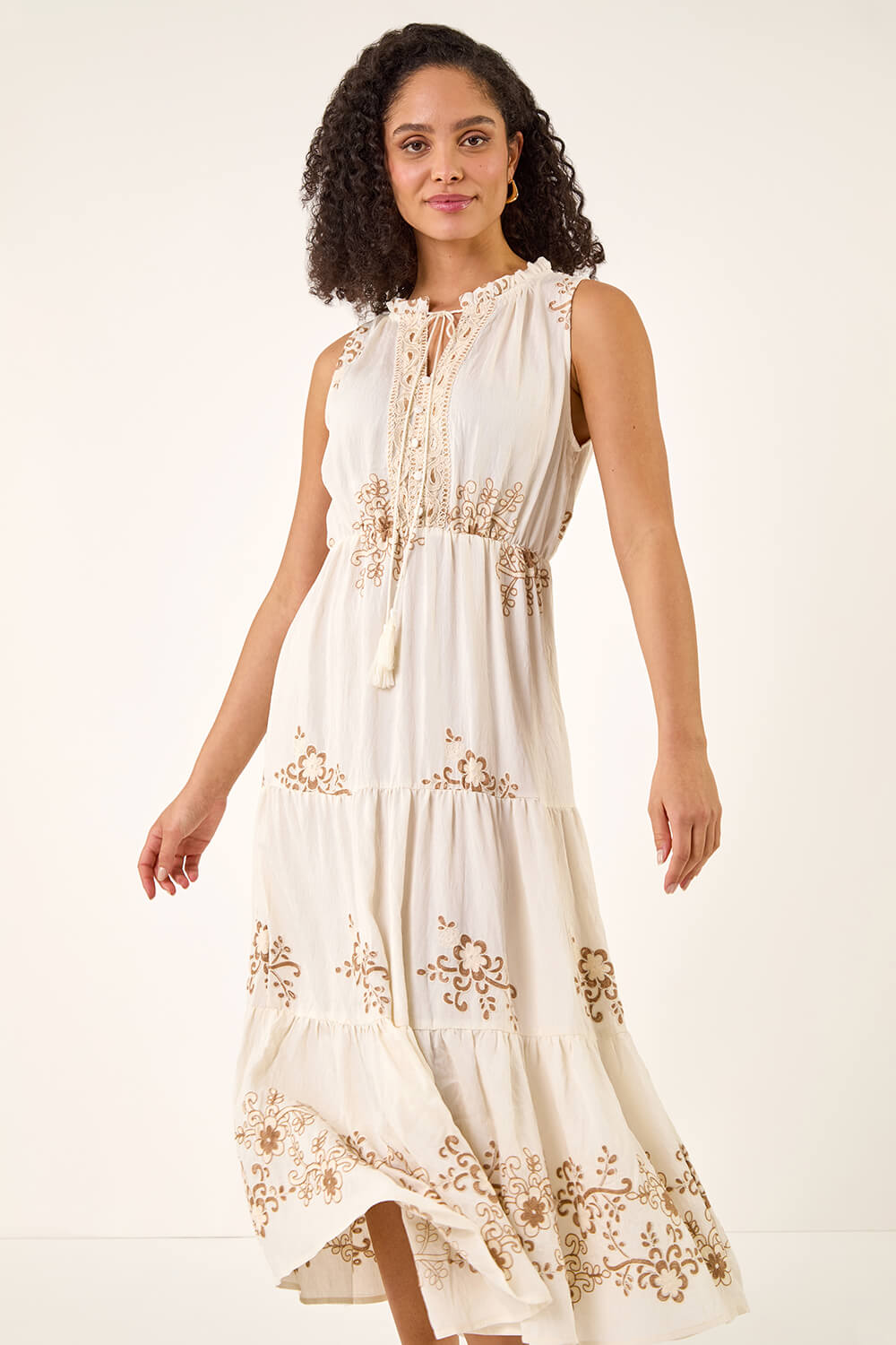 Ivory Floral Print Tiered Maxi Dress, Image 6 of 6